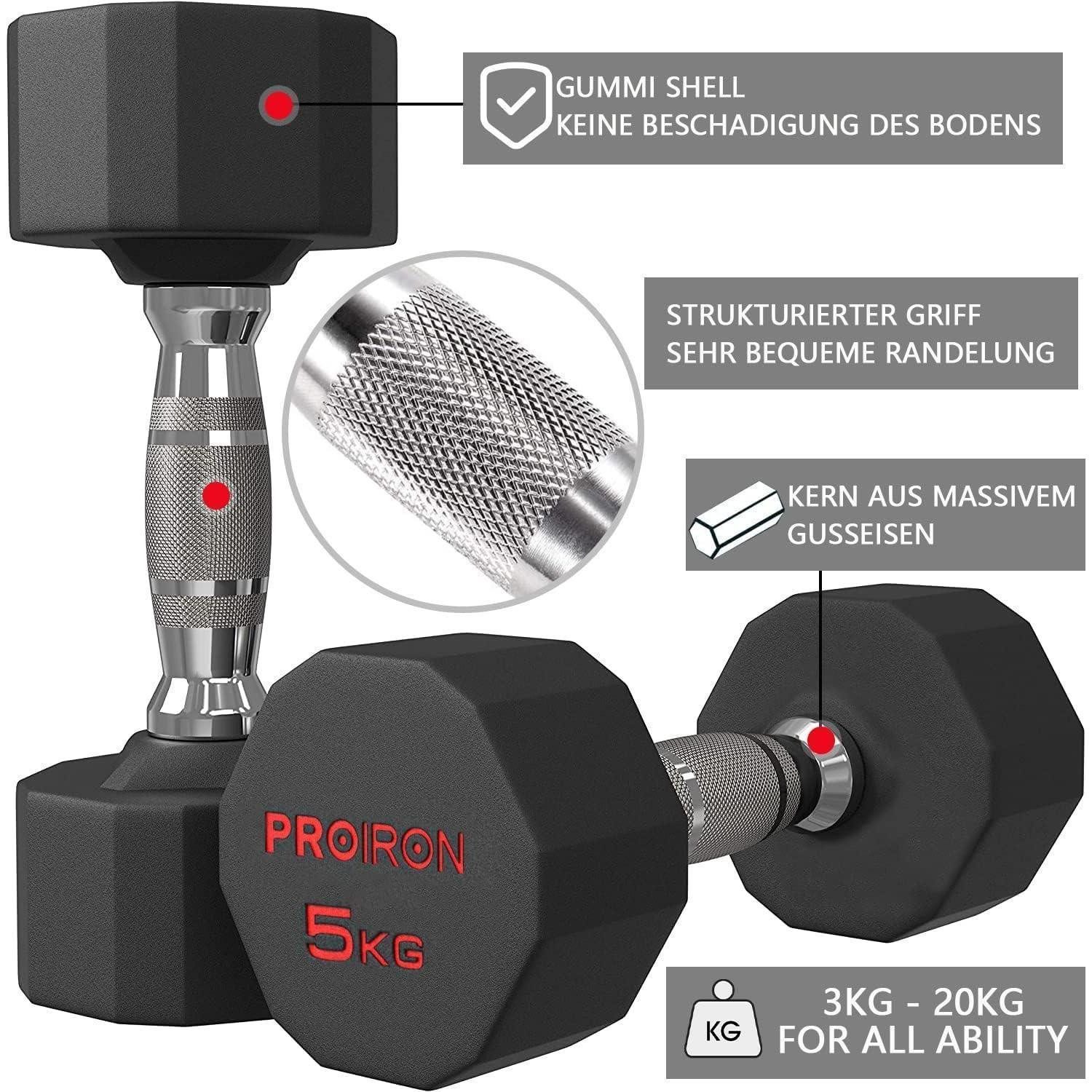 PROIRON Kurzhantel Geruchlose Hexagon Hanteln Stahlkern 12-seitiges Design 3-24kg 5KG X 2