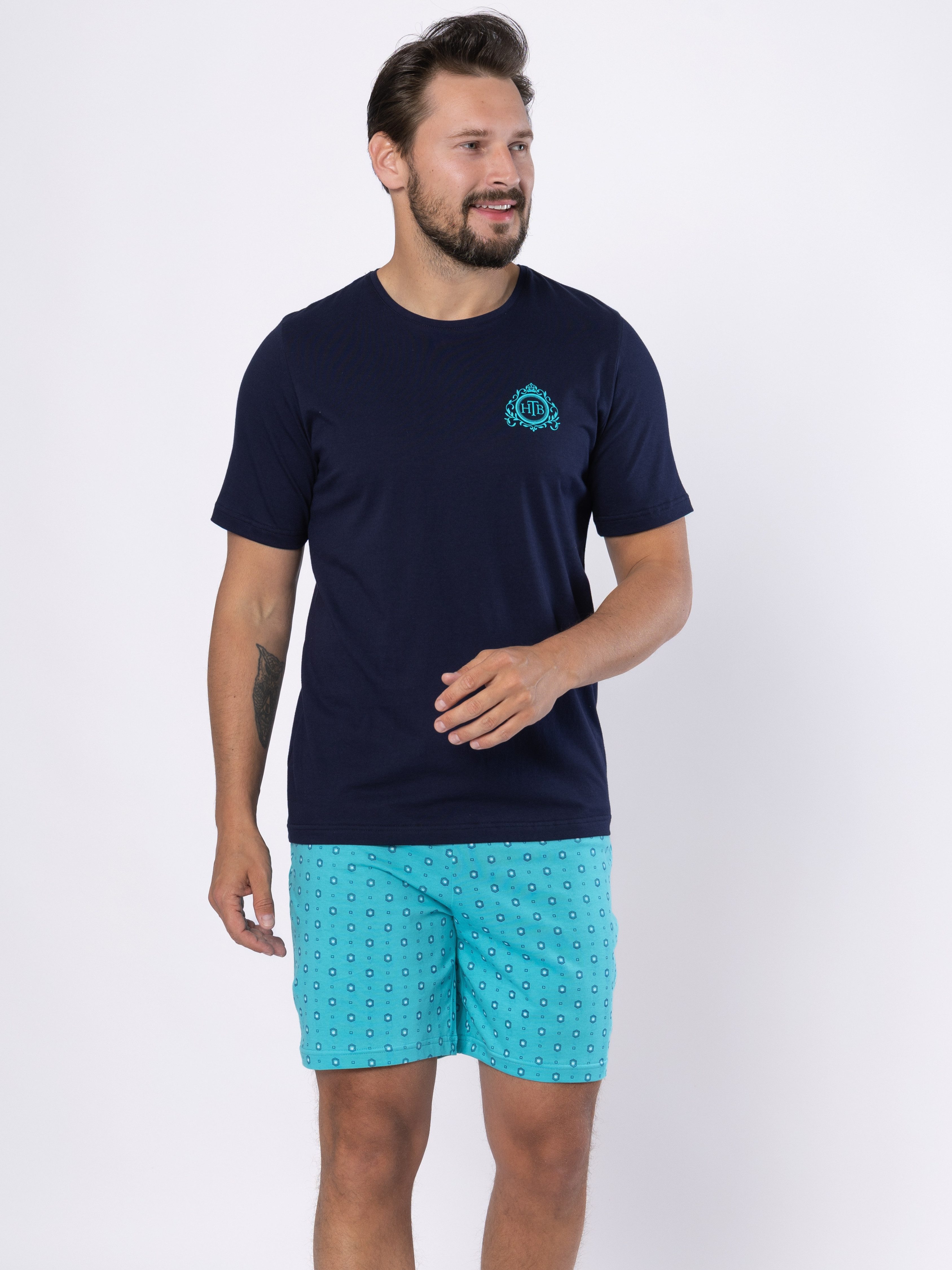 HOTBERG Shorty Pyjama Herren kurz reine Baumwolle (2 tlg) Dunkelblau-Türkis Pyjama mit modernem Look