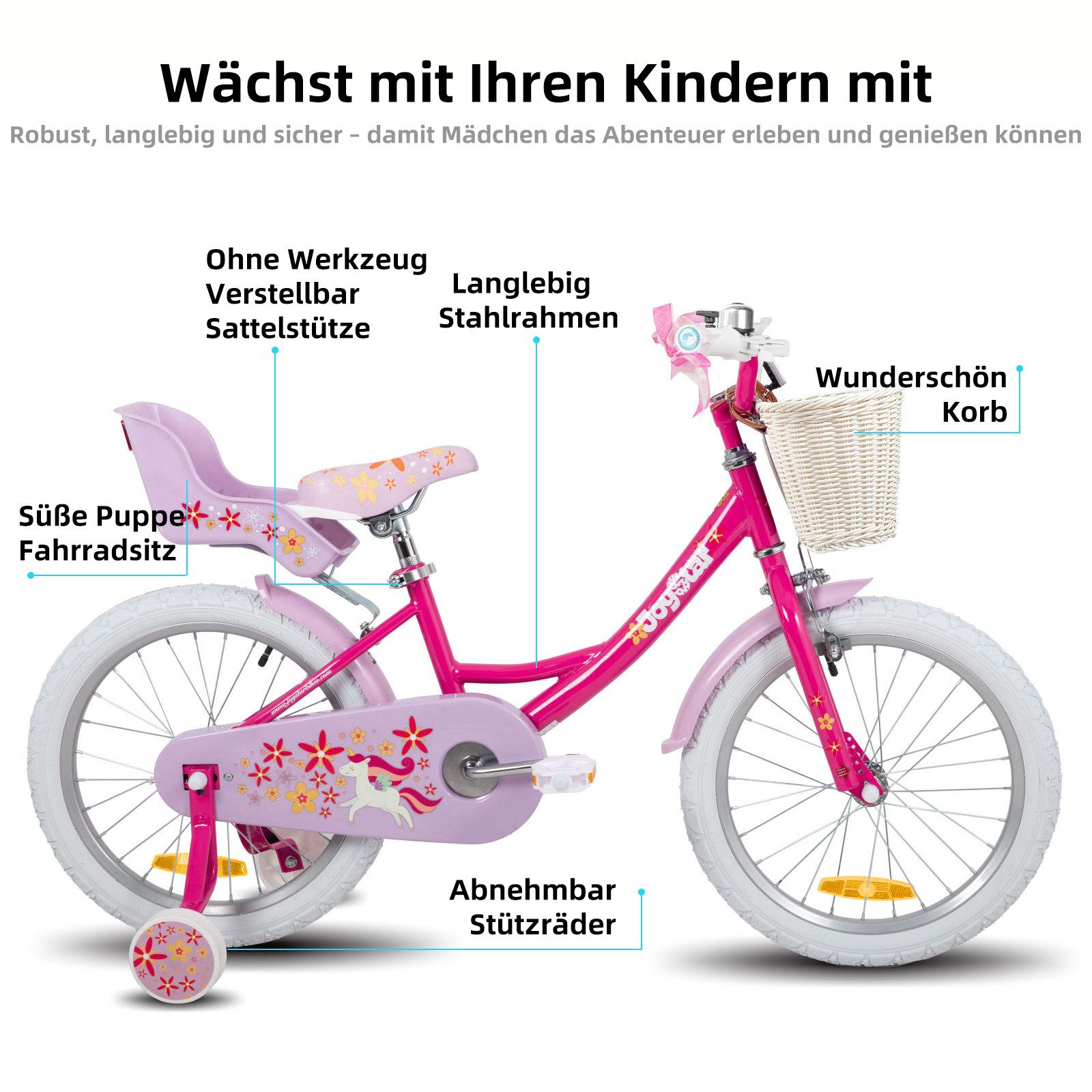 JOYSTAR Kinderfahrrad 12 14 16 18 Zoll Mädchenfahrrad, 2-9 Jahre, Geschenk für Prinzessin, 1 Gang, Puppenradsitz & Stützrädern& Korbstreamer, 18 Zoll mit Stützr – Bild 2 von 5