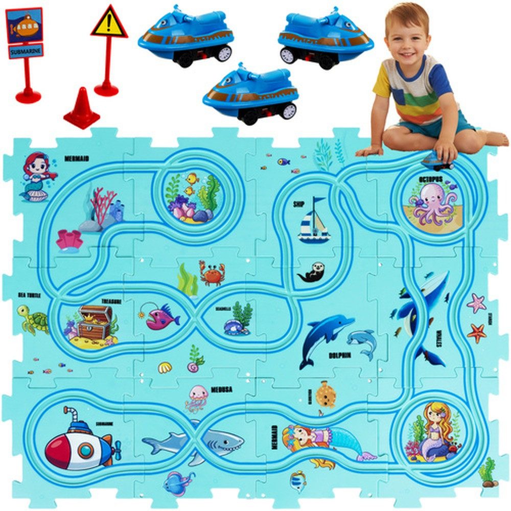 KRUZZEL Puzzlematte Steckpuzzle Lernpuzzleunterlage, (Spar-Set, pädagogisch), 12 Puzzleteilen, 3 Autos, Verkehrszeichen & Aufklebern