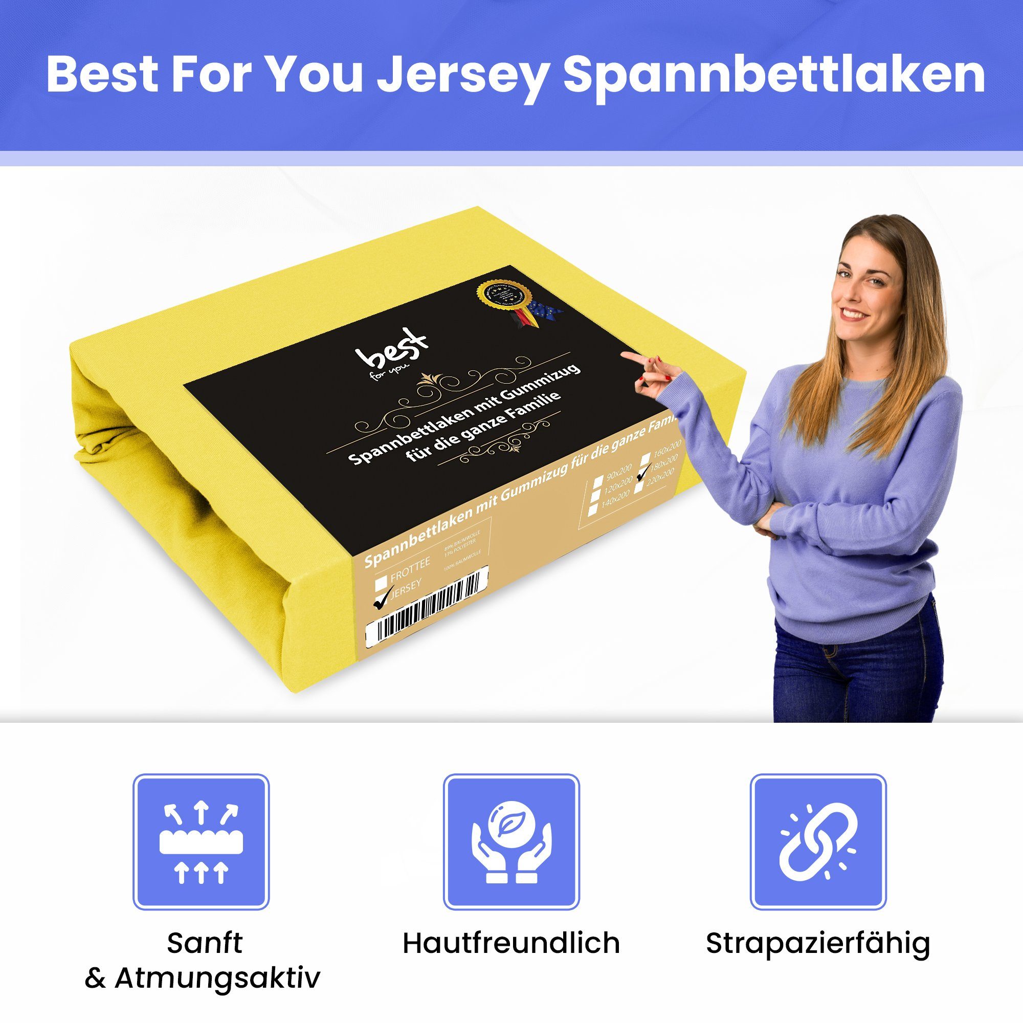 Best for You Spannbettlaken Jersey-Spannbettlaken – kuscheliger Schlafkomfort & perfekte Passform, Jersey, Gummizug: Rundum, (1 Stück), 100 % Baumwolle, Jersey-Stoff, mit Elasthan, atmungsaktiv