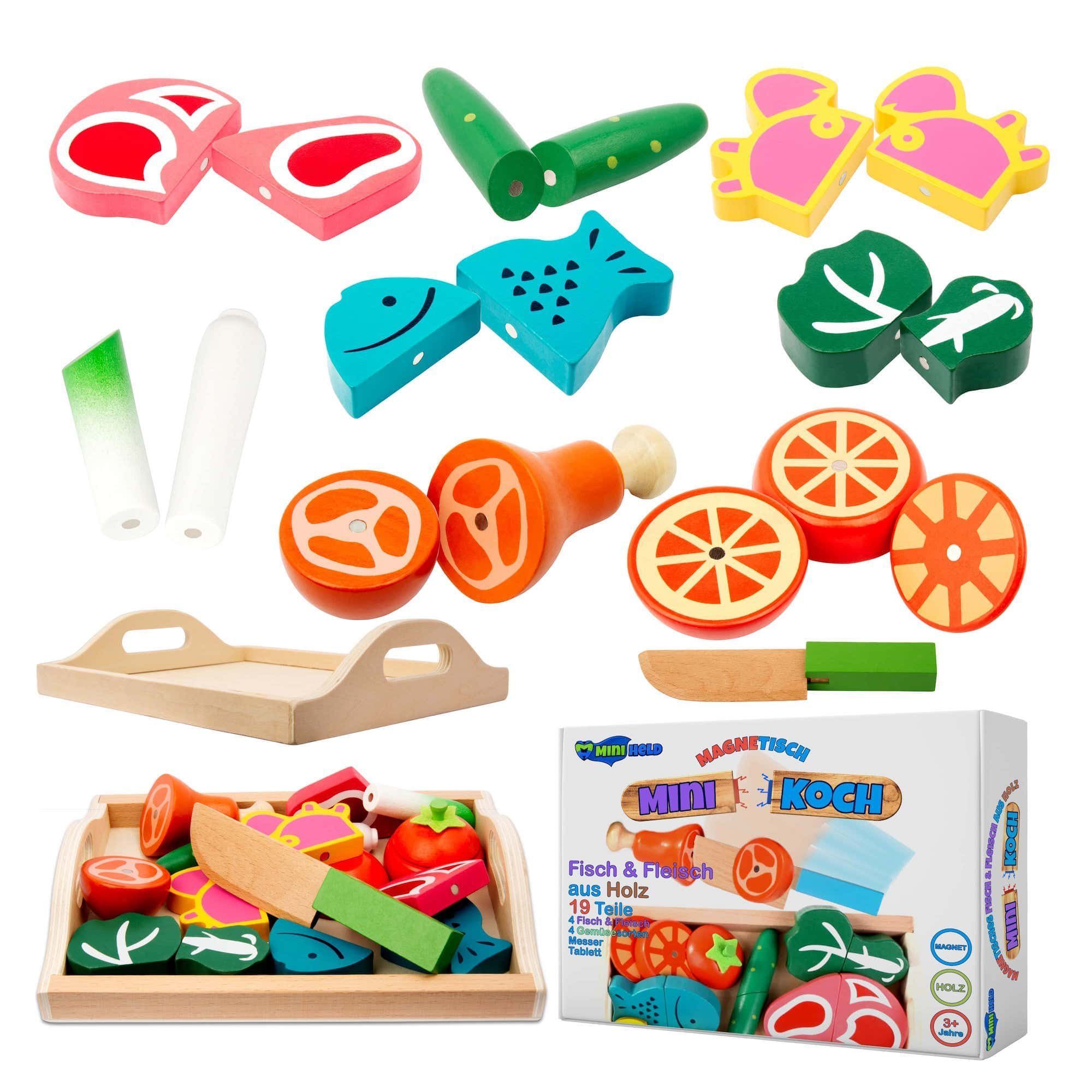 miniHeld Lernspielzeug Kinderküche Zubehör Spielküche Fleisch Fisch Gemüse Schneiden ausHolz