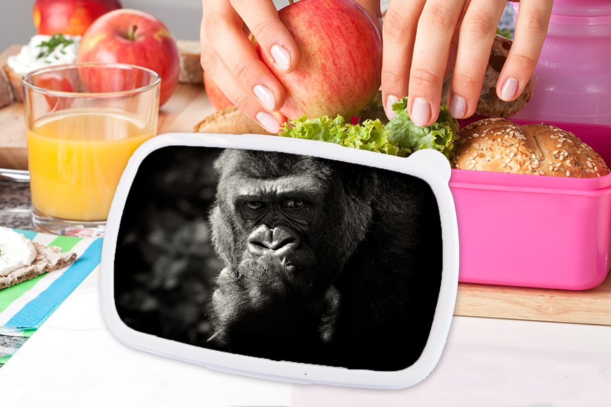 Mädchen, Lunchbox weiß, für Tierprofil rosa in schwarz Brotdose Kunststoff, (2-tlg), MuchoWow Erwachsene, und Kunststoff Gorilla Brotbox Kinder, Snackbox,