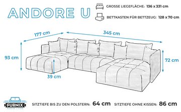 Furnix Wohnlandschaft U-Form-Sofa ANDORE U Wohnzimmersofa mit Schlaffunktion und Bettkasten, Maße 345x93x177 cm, Liegefläche: 136 x 331 cm