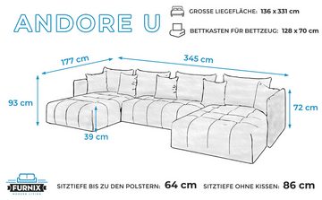 Furnix Wohnlandschaft U-Form-Sofa ANDORE Wohnzimmersofa mit Schlaffunktion und Bettkasten, Maße 345x93x177 cm, Liegefläche: 136 x 331 cm