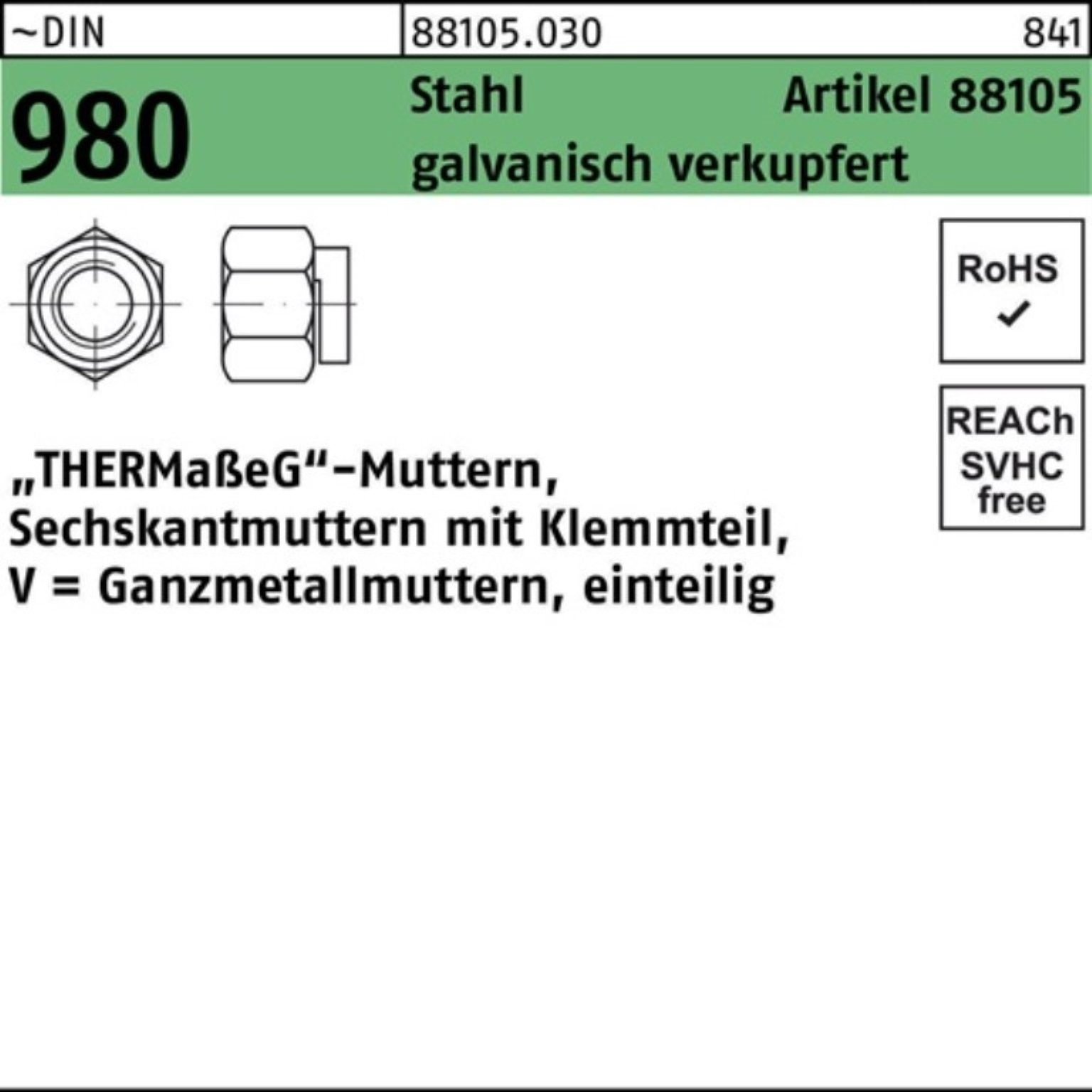 Reyher Muttern 100er Pack Sechskantmutter Klemmteil SW galv. 88105 ver 14 M10 R Stahl