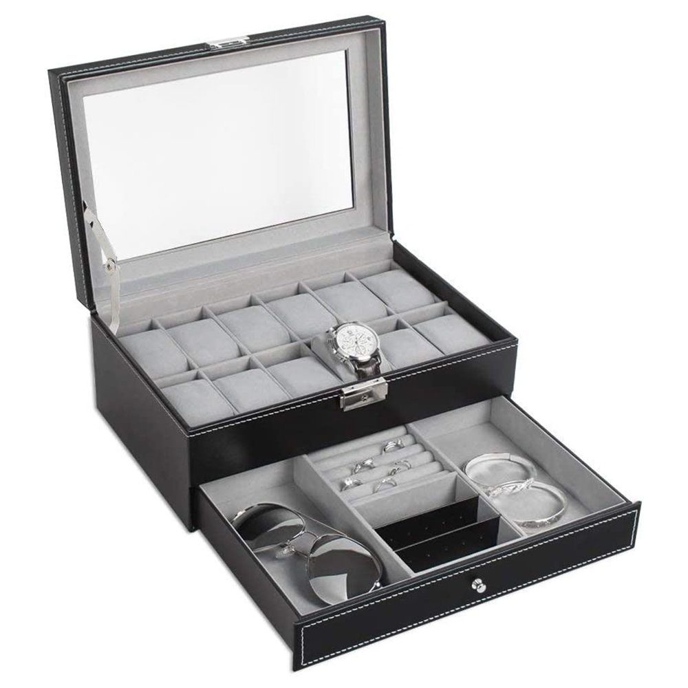 Rosnek Uhrenbox 2-Etagen, 12 Fächer, für Uhren, Schmuck und Gläser, mit Schloss und Schlüssel Schwarz