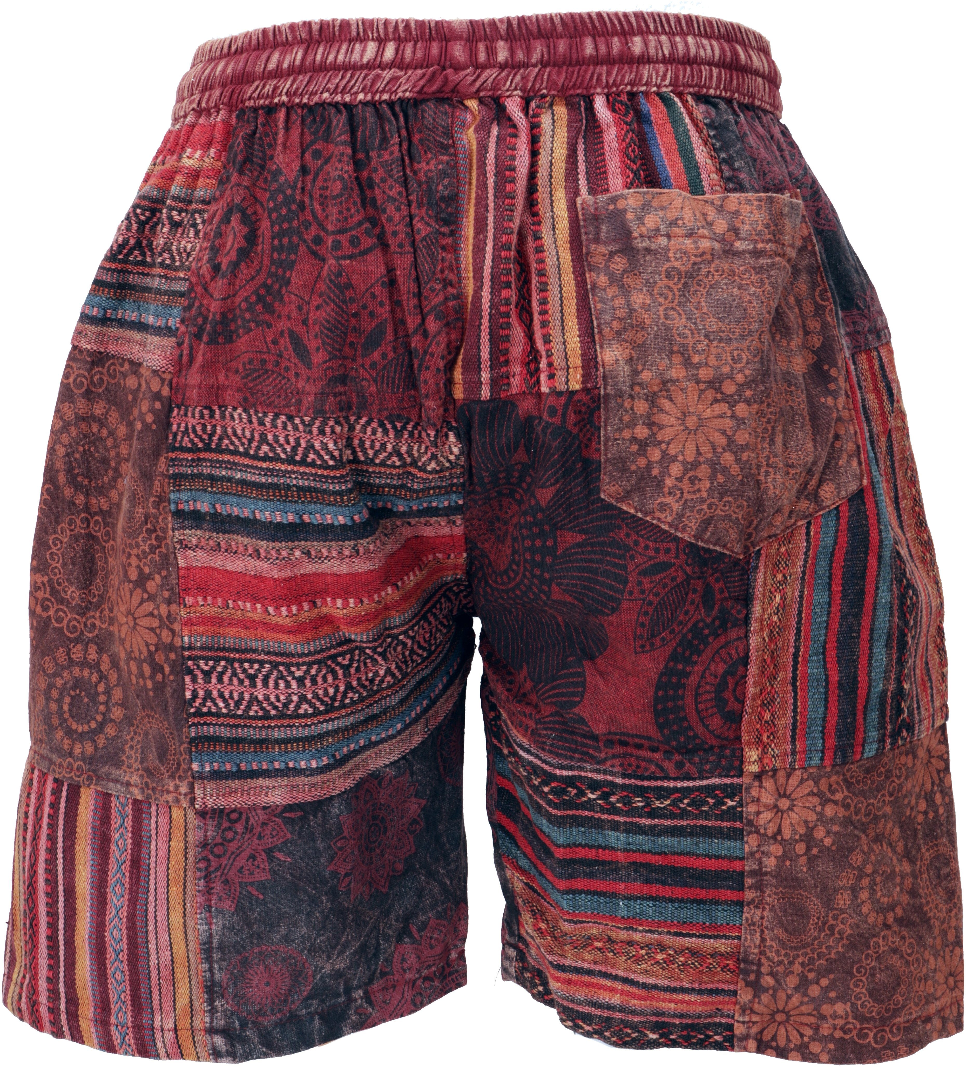 Yogashorts, Guru-Shop - Hippie, Relaxhose Shorts Ethno Ethno alternative Style, weinrot Patchwork Bekleidung