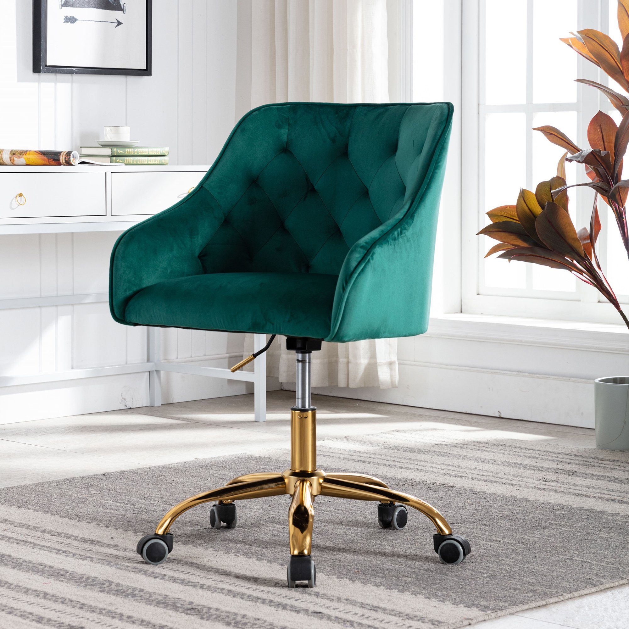 Merax Bürostuhl höhenverstellbar mit goldfarbener Basis (1 St), Drehstuhl aus Samt, Bürostuhl, Schreibtischstuhl gepolstert Grün | Drehstühle