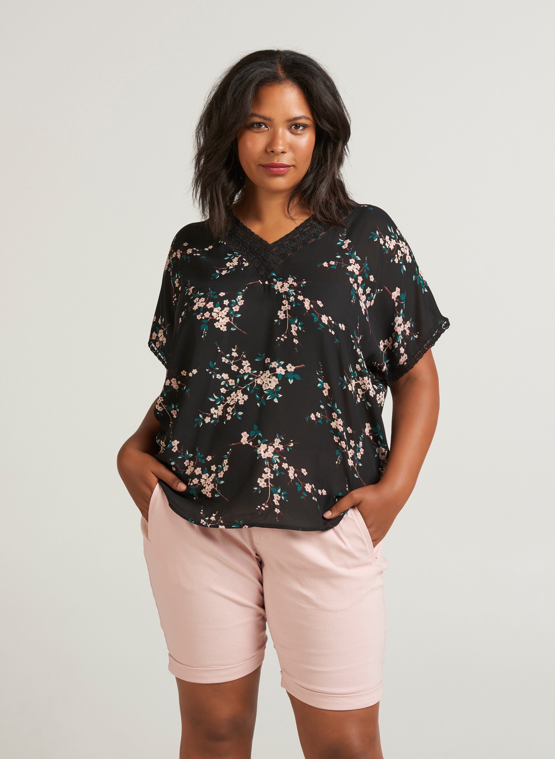 Zizzi Blusentop Damen Große Größen Blusenshirt V-Ausschnitt Kurzarm