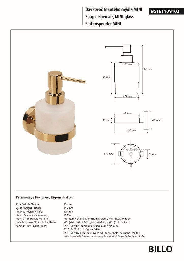 BRILLANTBAD® Seifenspender BILLO Glashalter Messing Gold poliert Glas Bad >> Bohren / Kleben