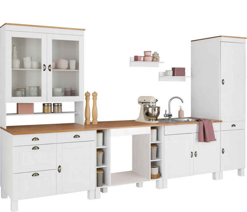 Home affaire Küchen-Set »Oslo«, (7-St), Breite 350 cm, ohne E-Geräte, Kiefer massiv, in 2 Tiefen