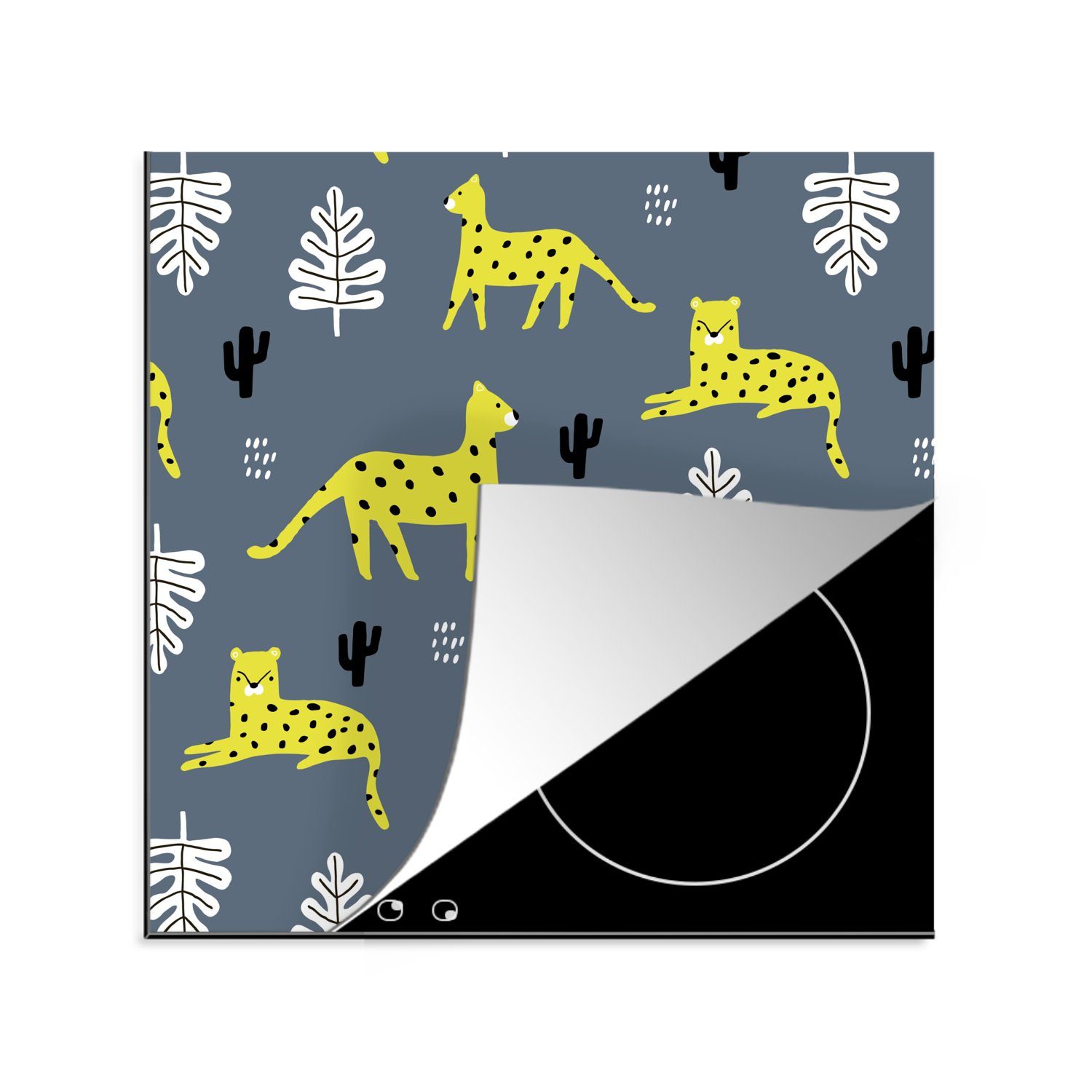 MuchoWow Herdblende-/Abdeckplatte Panther - Blätter - Kaktus - Muster, Vinyl, (1 tlg), 78x78 cm, Ceranfeldabdeckung, Arbeitsplatte für küche