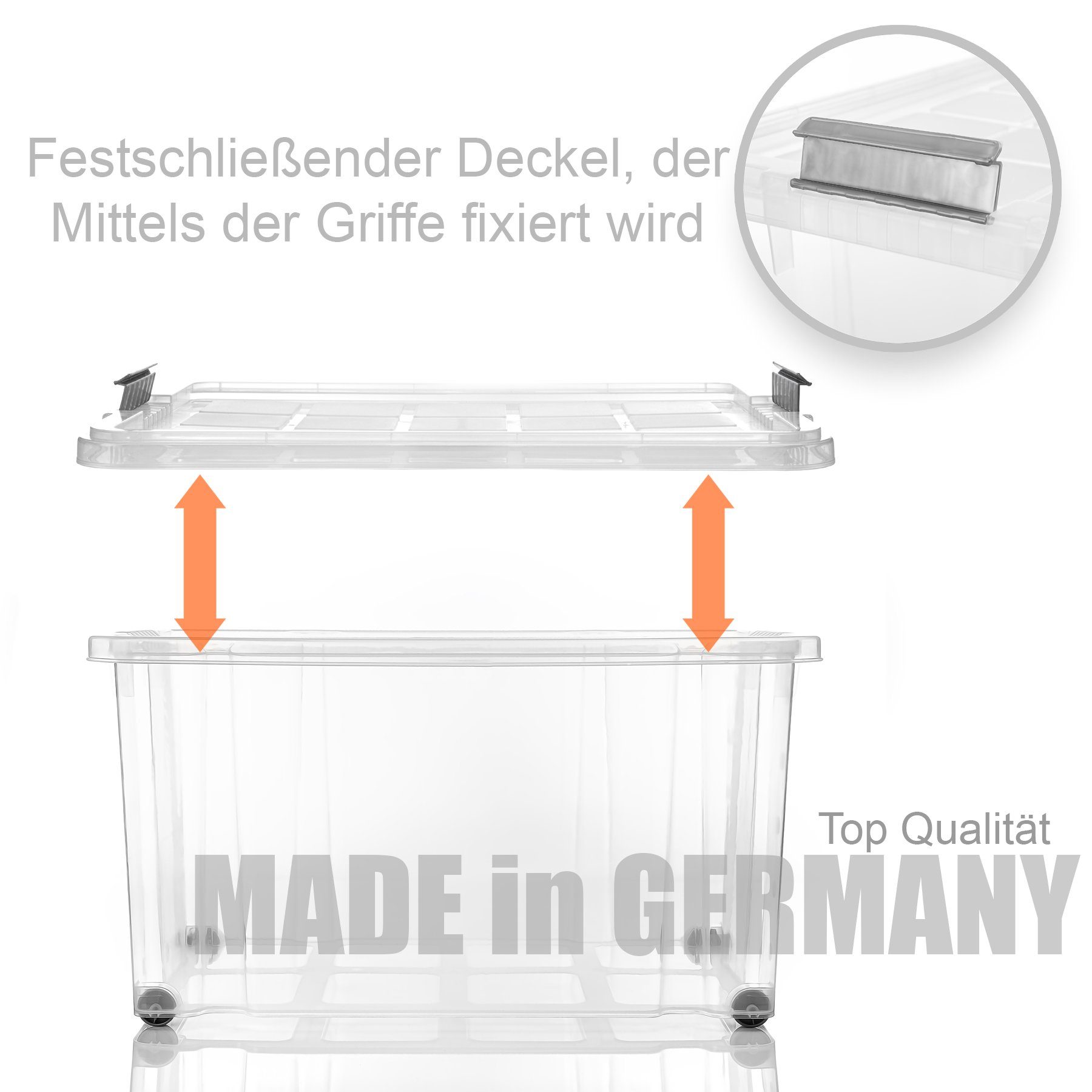 BigDean Aufbewahrungsbox 60 L mit Deckel groß – robuste Stapelbox rollbar mit Klickverschlüssen (Set, 4 St., Aufbewahrungsbox + Deckel + Rollen), Sicher Stapelb – Bild 5 von 5