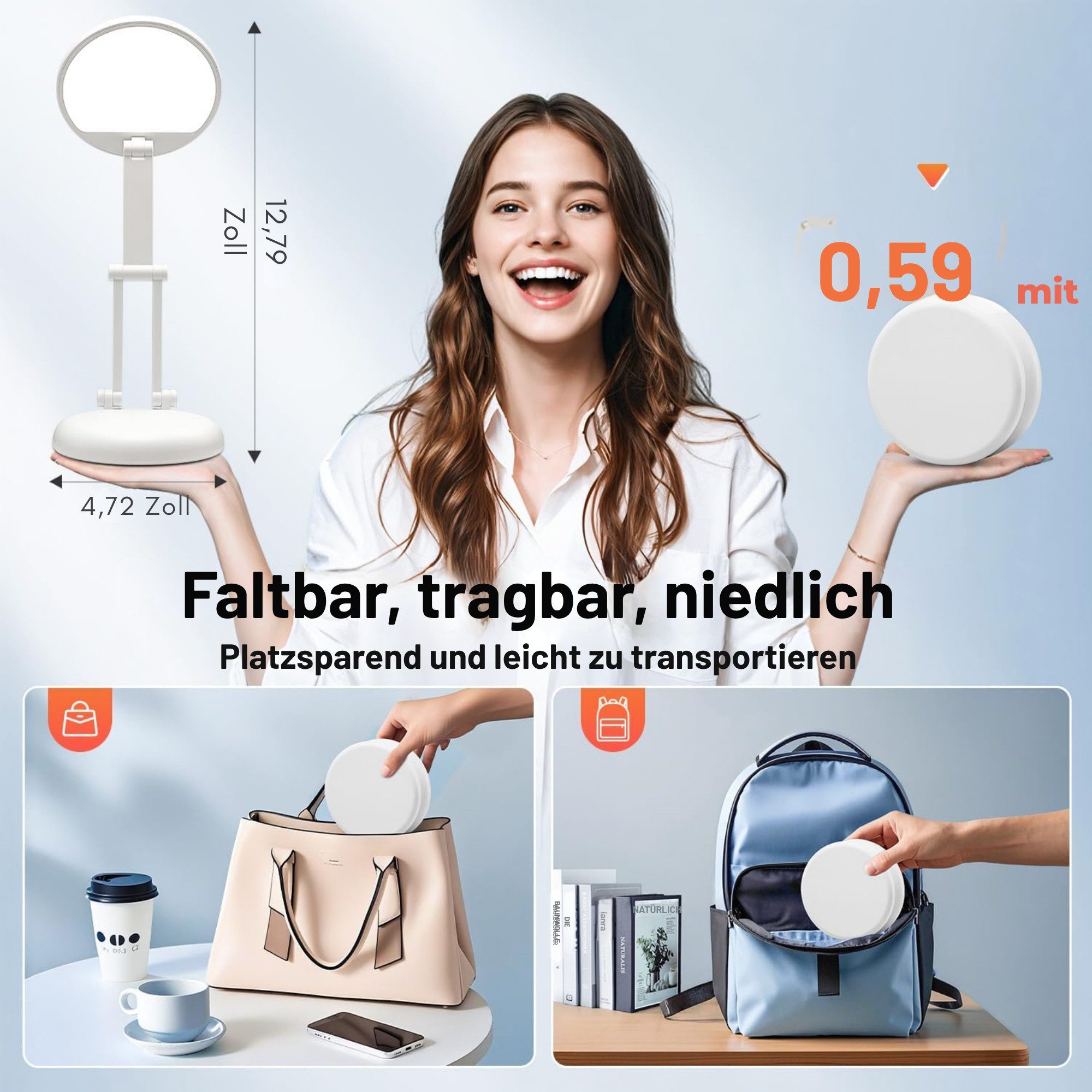 Vivitar LED Schreibtischlampe 3600-mAh Wiederaufladbare, 3600-mAh Tischlampe, klappbar, 300 Lumen, 4000 K natürliches Licht, Tageslichtweiß, 10 Helligkeitsstufen, Touch-Dimmer, Speicherfunktion, augenschonendem