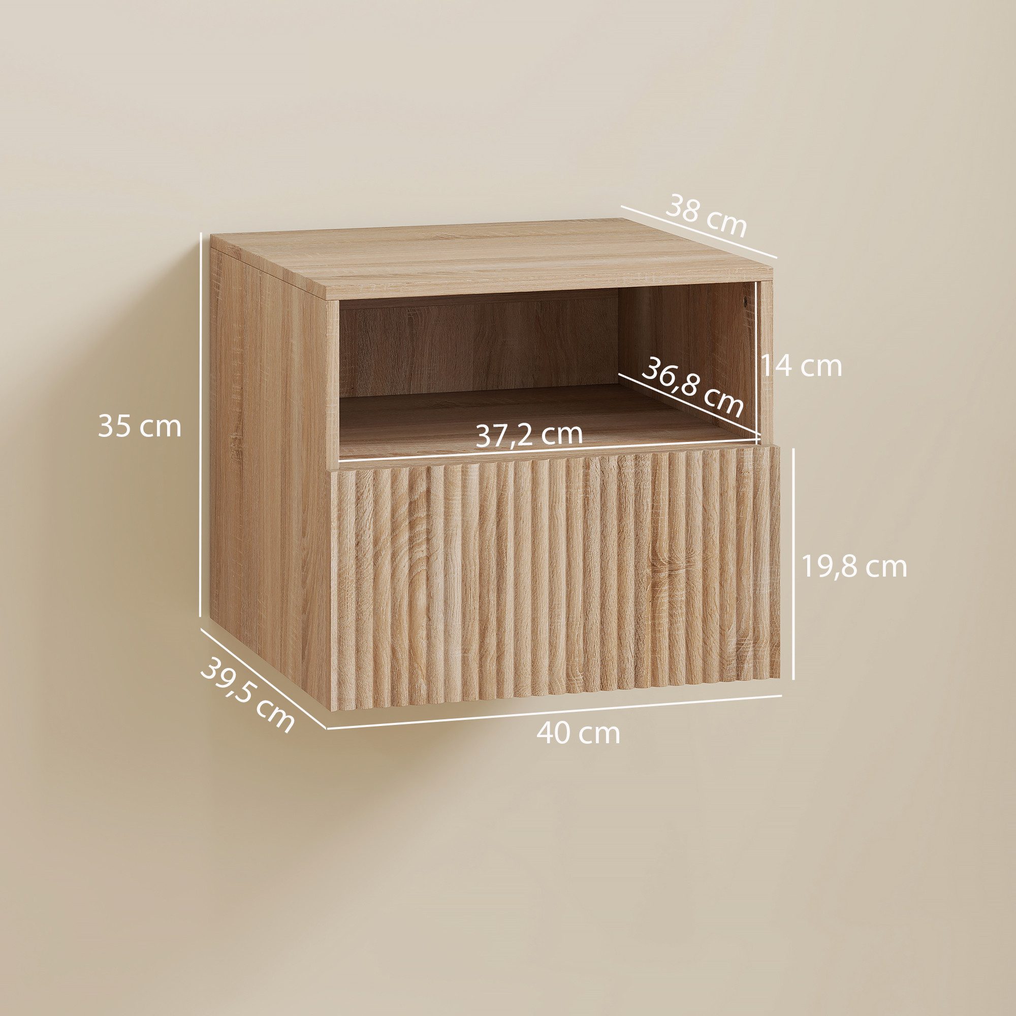 HOMCOM Nachttisch Hängend Beistelltisch mit Schublade, offenes Fach, Sofatisch (Nachtschrank, 1-St., Nachtkommode), für Schlafzimmer, Wohnzimmer, Naturholz – Bild 3 von 5