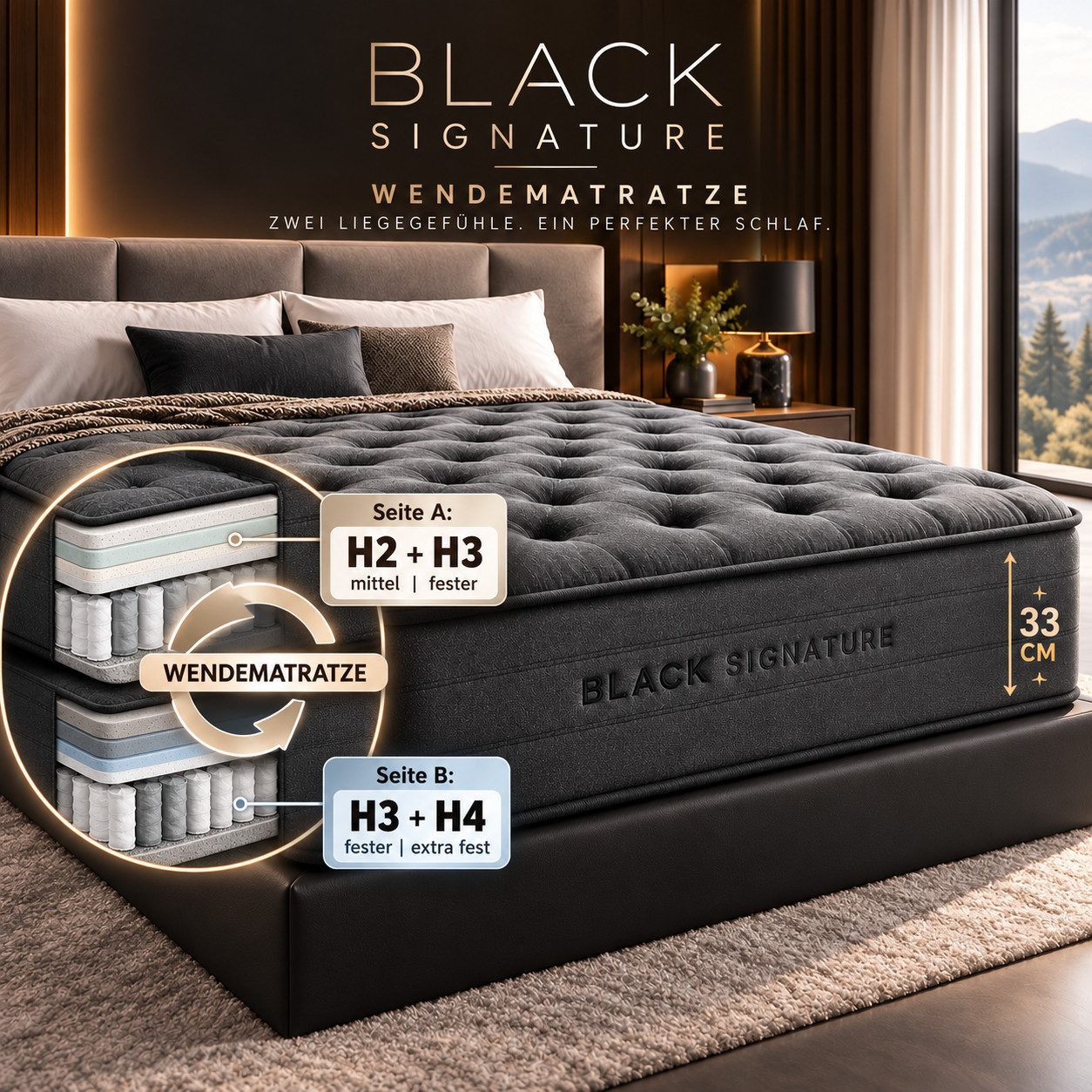 Taschenfederkernmatratze Matratze 32 cm H2/H3 & H3/H4 Wendematratze KÜHL 7 Zonen BLACK, Ertex, Beidseitig verwendbar, einseitig mit …