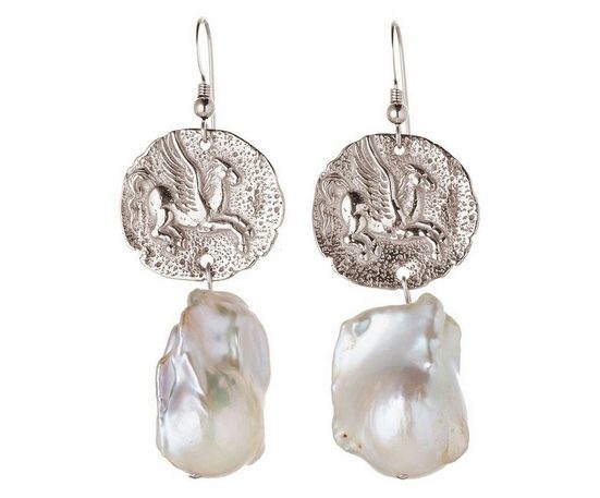 Gemshine Paar Ohrhänger »Vintage Münzen Pegasus Pferd mit Barockperlen«, 925 Silber
