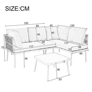 Gotagee Gartenlounge-Set Garten-Lounge-Set aus Eisen Gartenmöbel-Set Lounge-Set aus Seil Grün, L-förmiges, verstellbaren Füßen, 2 Sofas und 1 Tisch