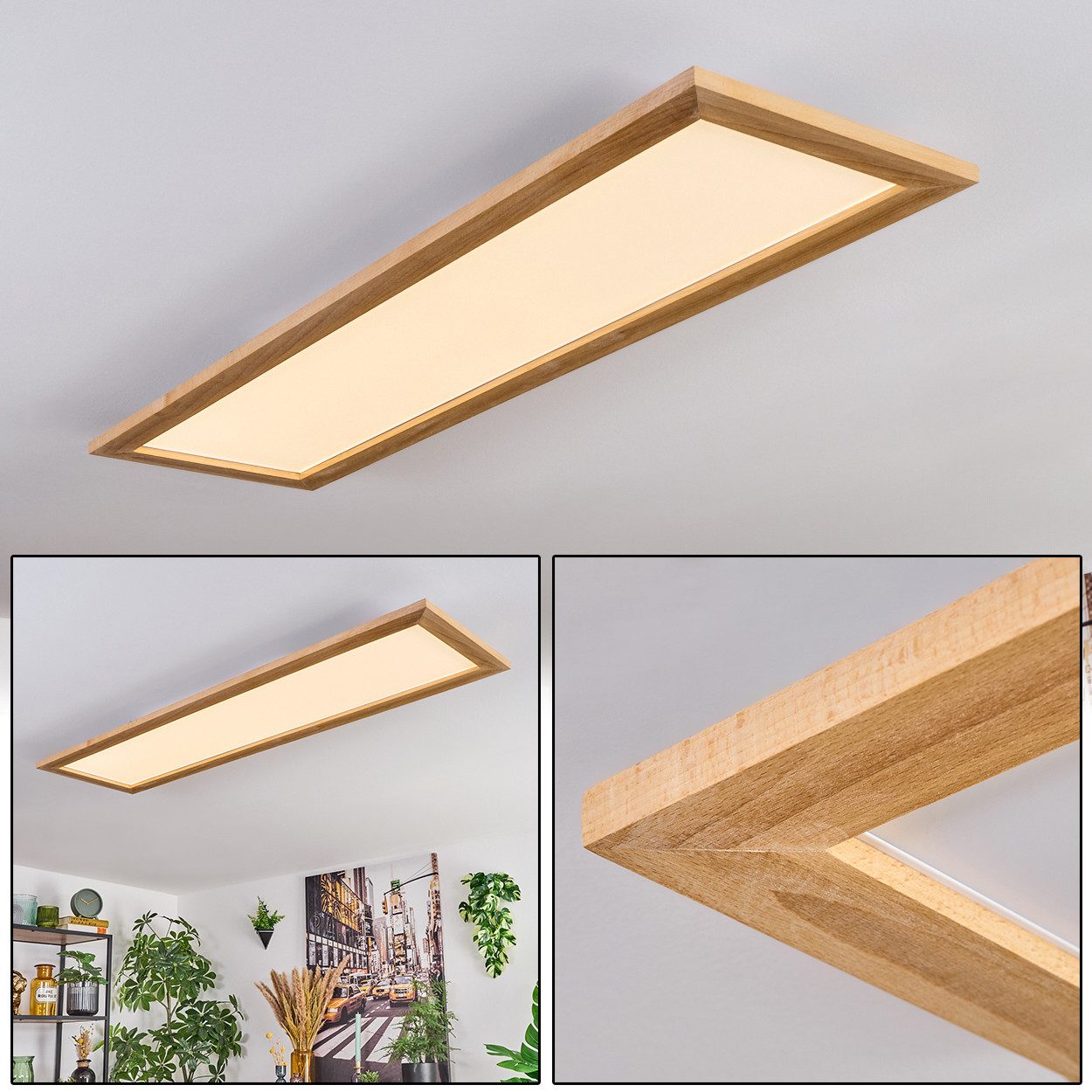 hofstein Panel Deckenpanel aus Metall/Holz/Kunststoff in Weiß/Naturfarben, LED wechselbar, flache Deckenleuchte, 37 Watt, 3900 Lumen, 2700-6500 Kelvin