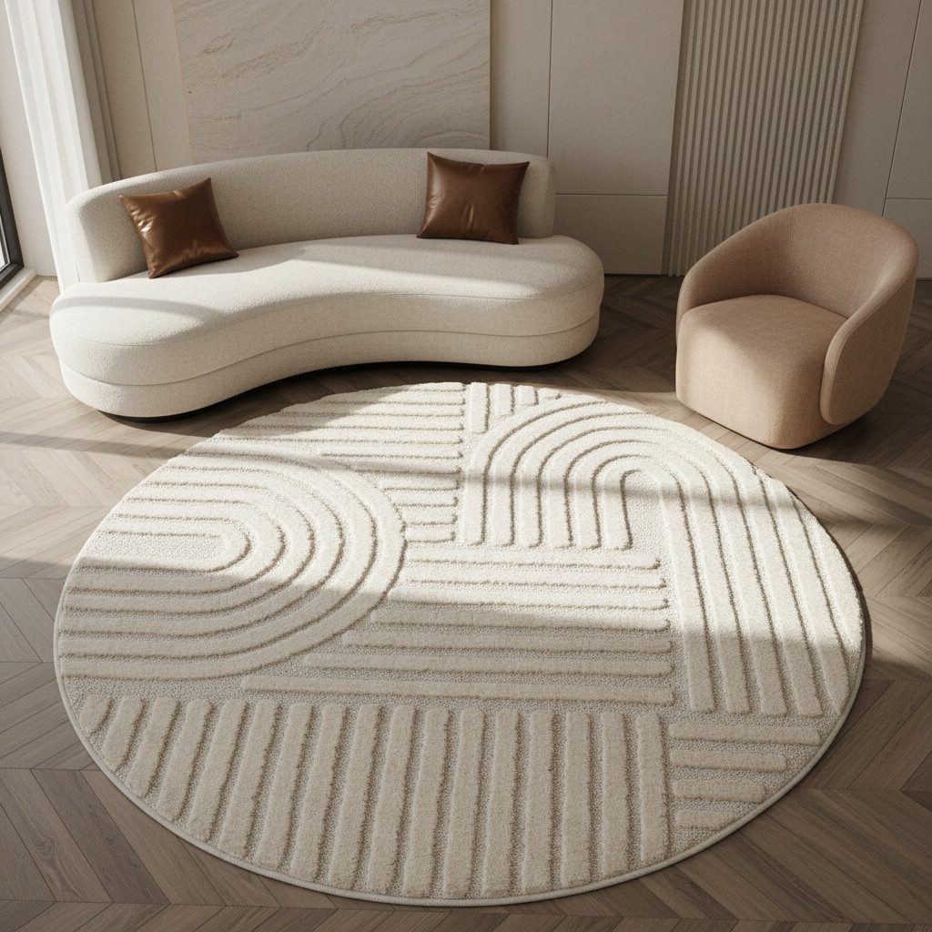 KADIMA DESIGN Teppich RIGI Hoch-Tief 3D-Effekt Wohnzimmer Schlafzimmer Waschbar Boho, Rund, Höhe: 10 mm, Creme, 80x80 cm, Wohnzimmerteppich Strapazierfähig Waschbar