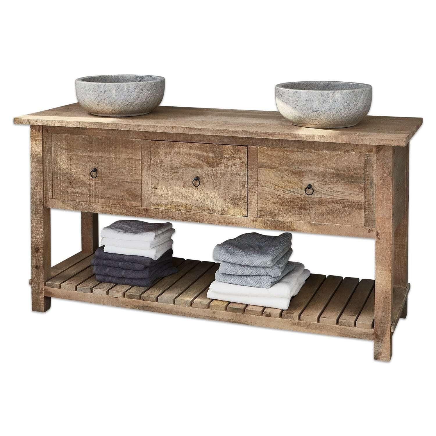 Mirabeau Waschtisch rustikaler Doppelwaschtisch Ravel aus Mangoholz mit Steinbecken (massiv & charaktervoll, inkl. Steinbecken, ohne Armatur & Siphon), Waschbecken mit Unterschrank, Holz & Naturstein, B 160, H 85, T 55cm