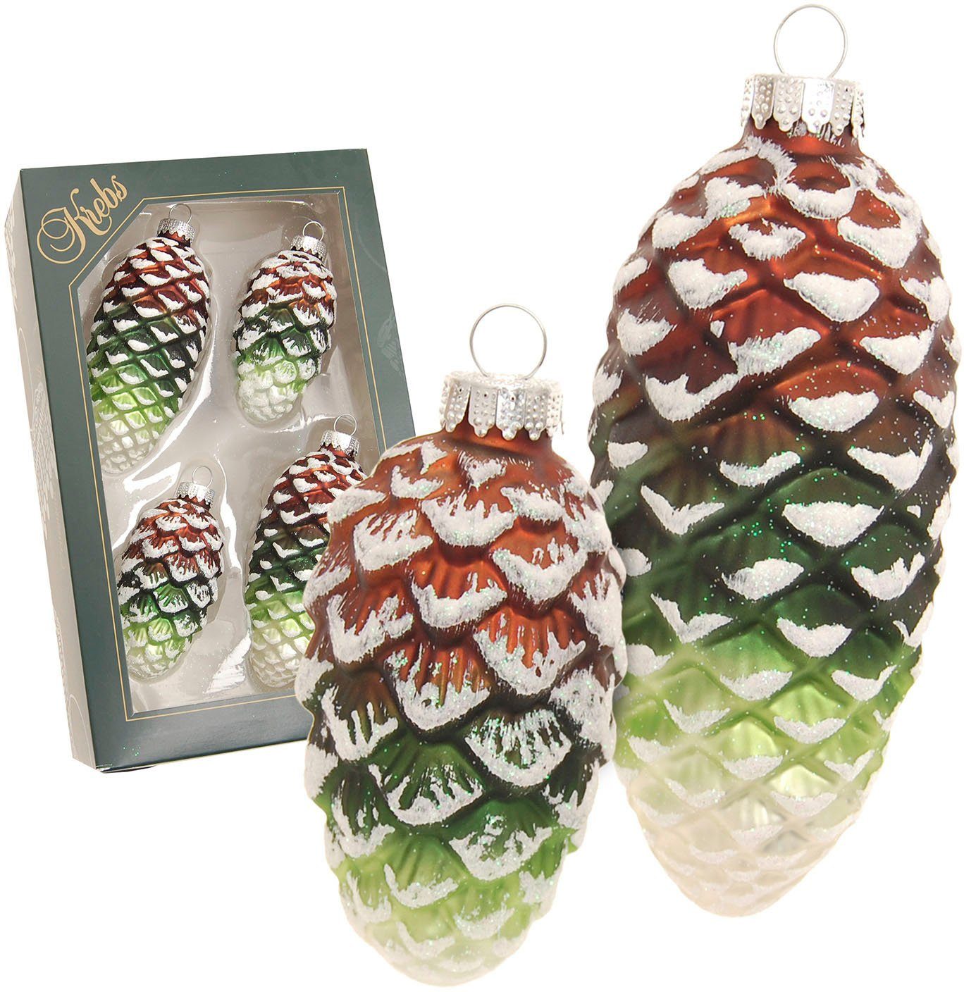 Krebs Glas Lauscha Christbaumschmuck Glas-Tannenzapfen bunt, mit Glitter, 2x klein Ø 8 cm + 2x groß Ø 10 cm (4-tlg), Weihnachtsdeko, Weihnachtsbaumkugel, Christ – Bild 2 von 3