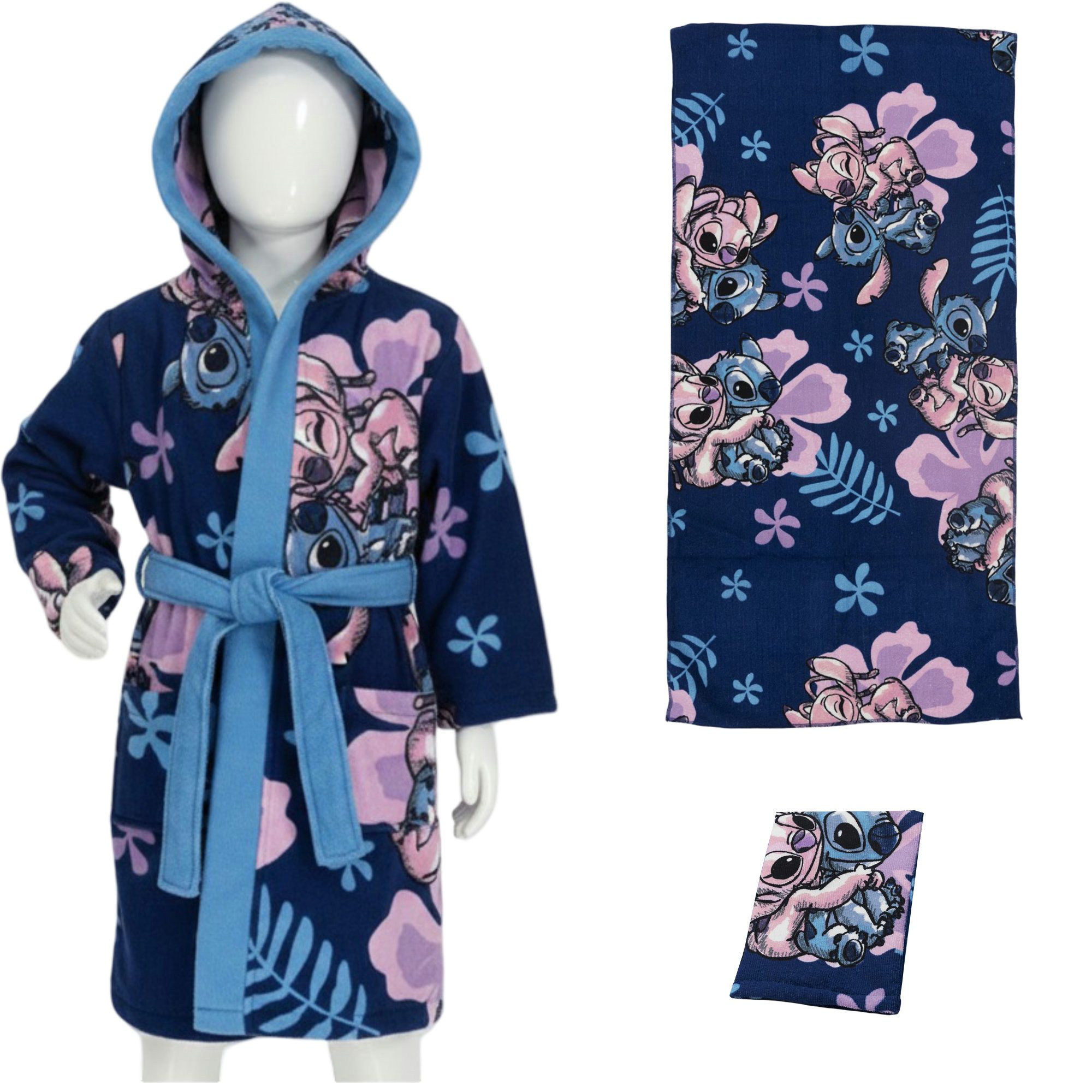 Disney Kinderbademantel Disney Stitch Angel Kinder 3 tlg Set Bademantel Handtuch Handschuh, Polyester, Kapuze, Gürtel, Gr. 98 bis 128