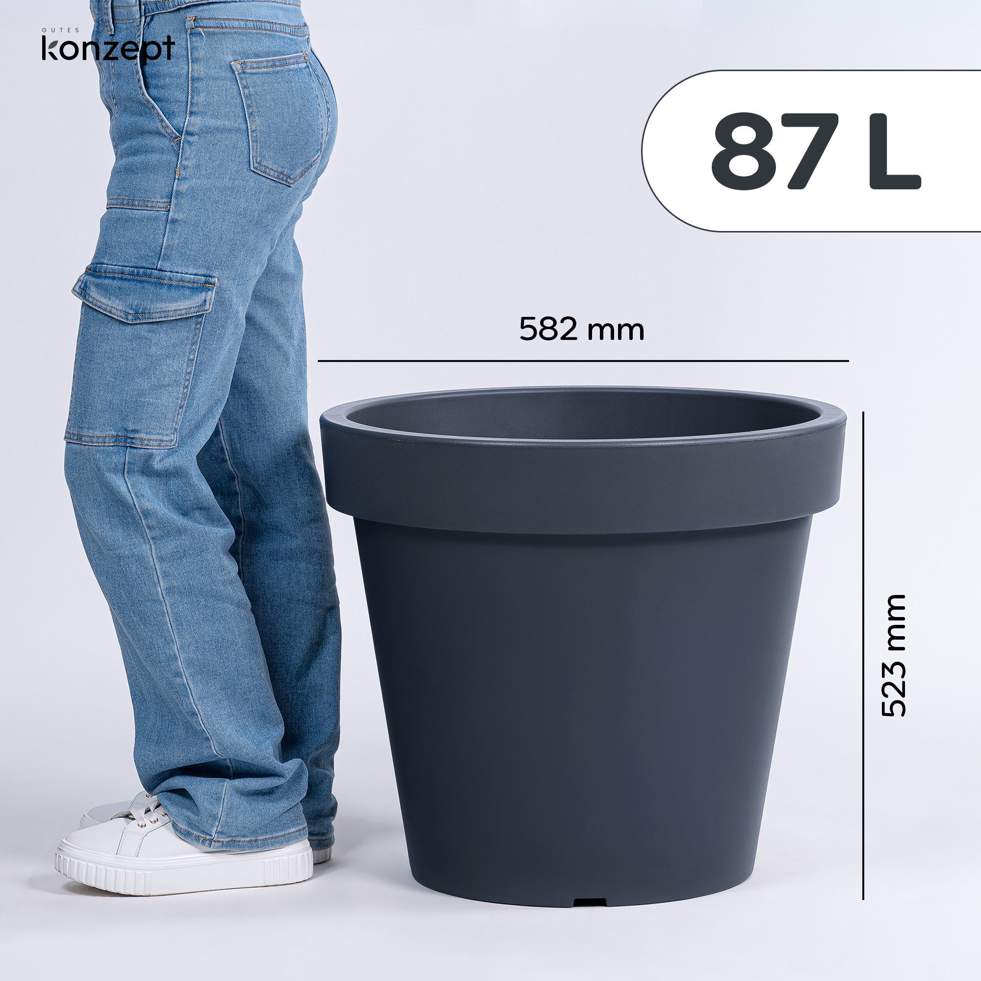 KONZEPT Blumentopf 58 cm Durchmesser, H 52 cm, 87 L in konischer Form, aus Kunststoff, Geprägtem Rand, Konische Form, Stapelbar, Volumen: 87 L