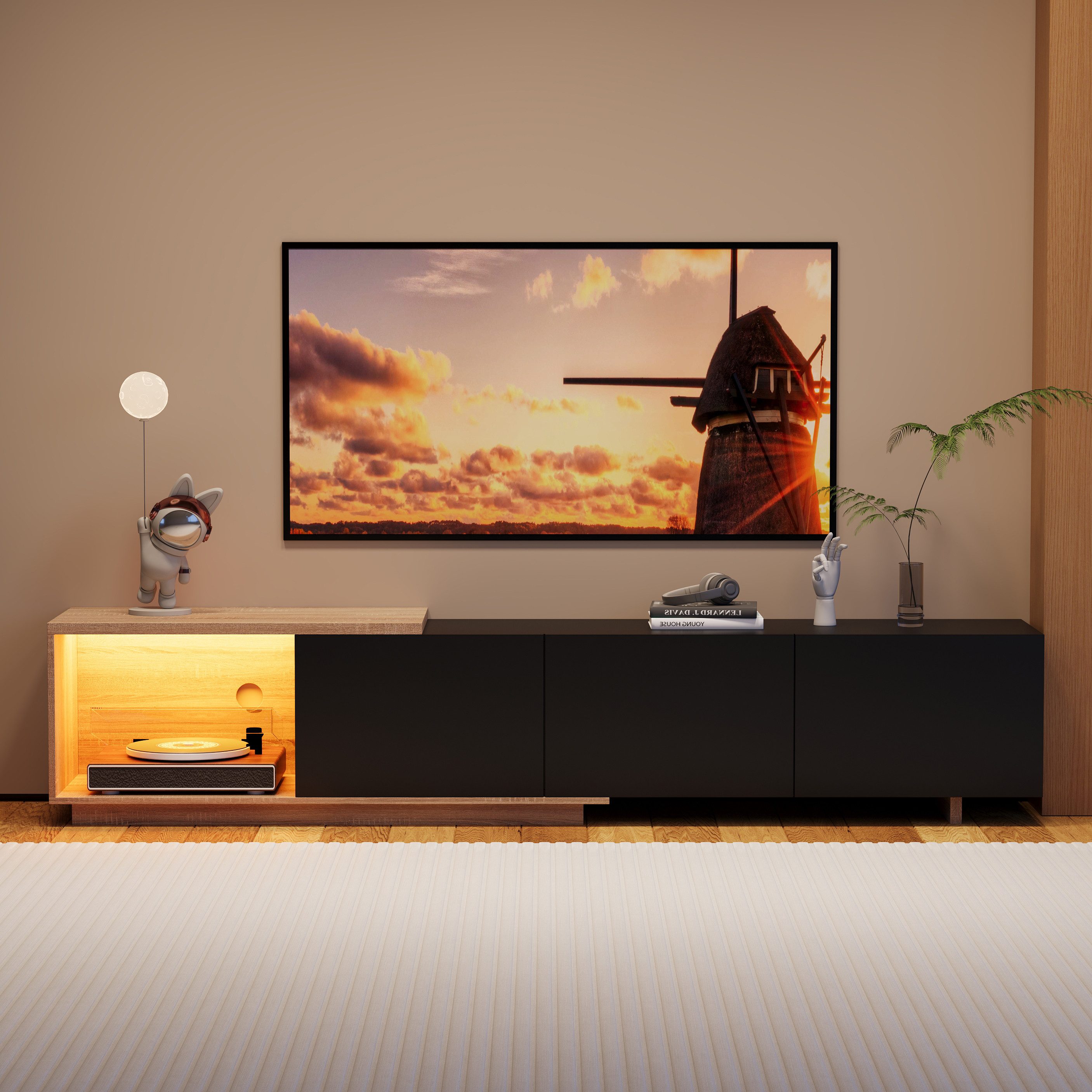 FUROKOY Lowboard Hochglanz-TV-Schrank, für bis 75 Zoll (Fernsehtisch, Fernsehschrank, TV Board), für Wohnzimmer und Schlafzimmer, 240 x 38 x 44 cm, Schwarz