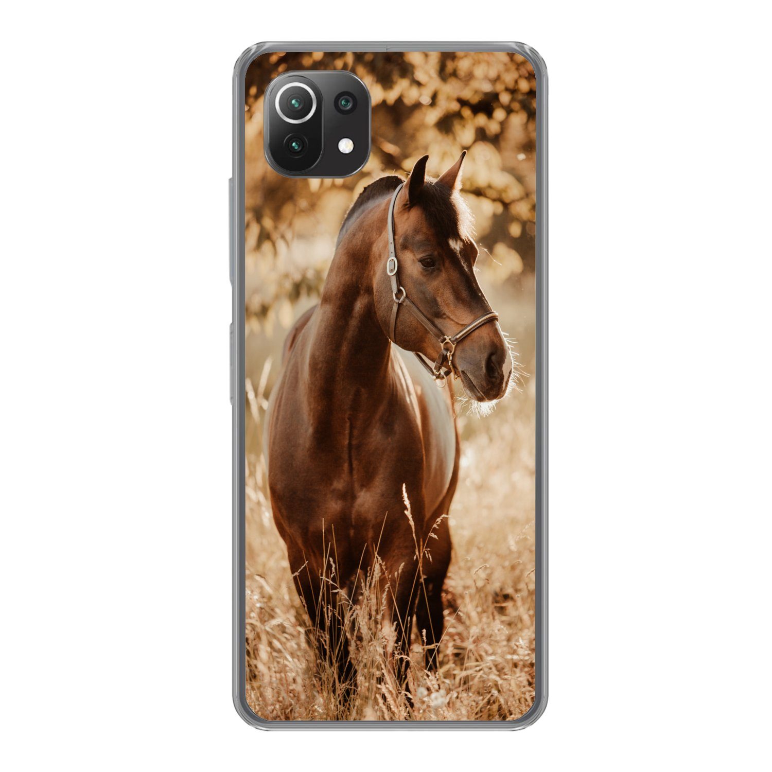 MuchoWow Handyhülle für Xiaomi Mi 11 Lite Pferd - Sonne - Porträt - Natur - Braun, Phone Case, Silikon, Schutzhülle Dünn