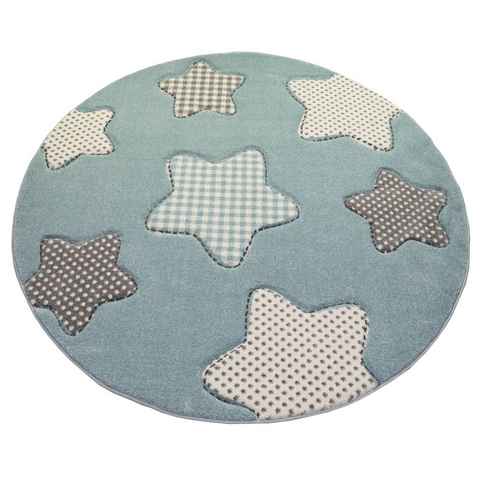 Kinderteppich Kinderteppich Sterne Kinderzimmerteppich Junge in blau creme grau, Teppich-Traum, Rund, Höhe: 13 mm