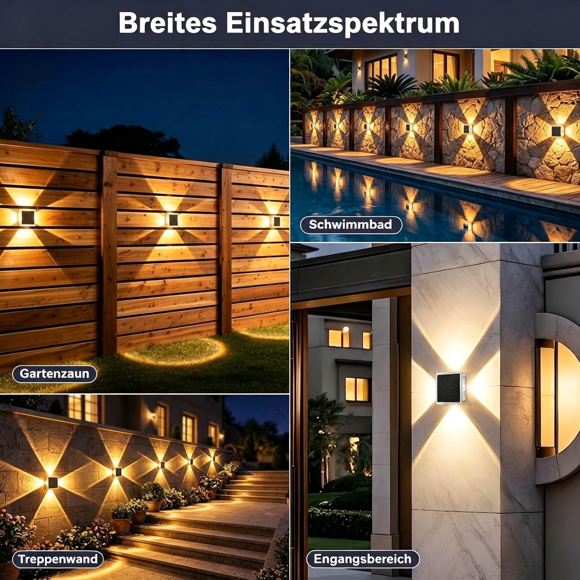 Vornix LED Außen-Wandleuchte Solar nfür, Up and Down Solarlampen für Außen Wand, 2/4 Stück, IP66 Wasserdicht, 4 LEDs, 8 Farbmodi Solarleuchten für Garten Hof Terrassen Balkone Veranden