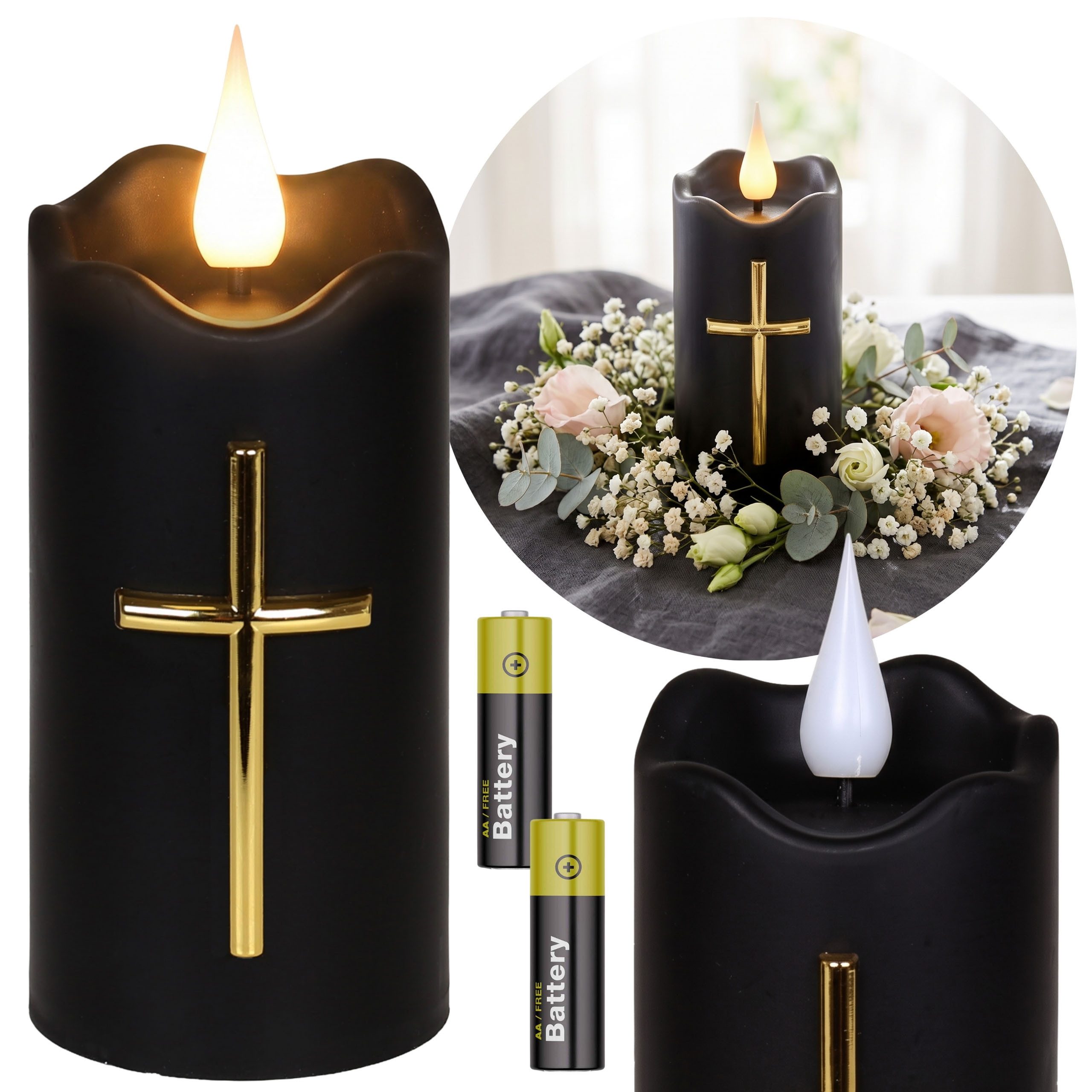 Sarcia.eu LED-Kerze Schwarze LED-Kerze mit Kreuz, Flammeneffekt und Batterien, 11,5 cm