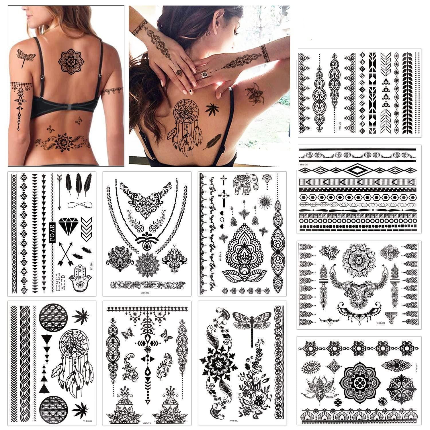 LuxusKollektion Schmuck-Tattoo Temporäre Henna Tattoo Aufkleber Set Schwarz wasserfest 10 Blatt