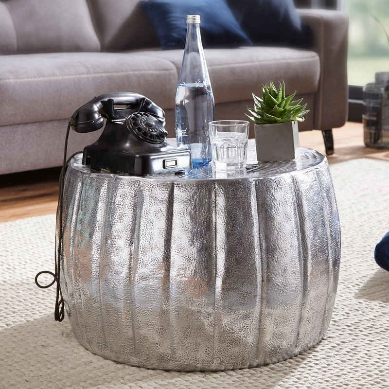 FINEBUY Couchtisch SuVa12276_1 (60x36x60 cm Aluminium Hammerschlag Silber Rund), Kleiner Wohnzimmertisch, Sofatisch Orientalisch