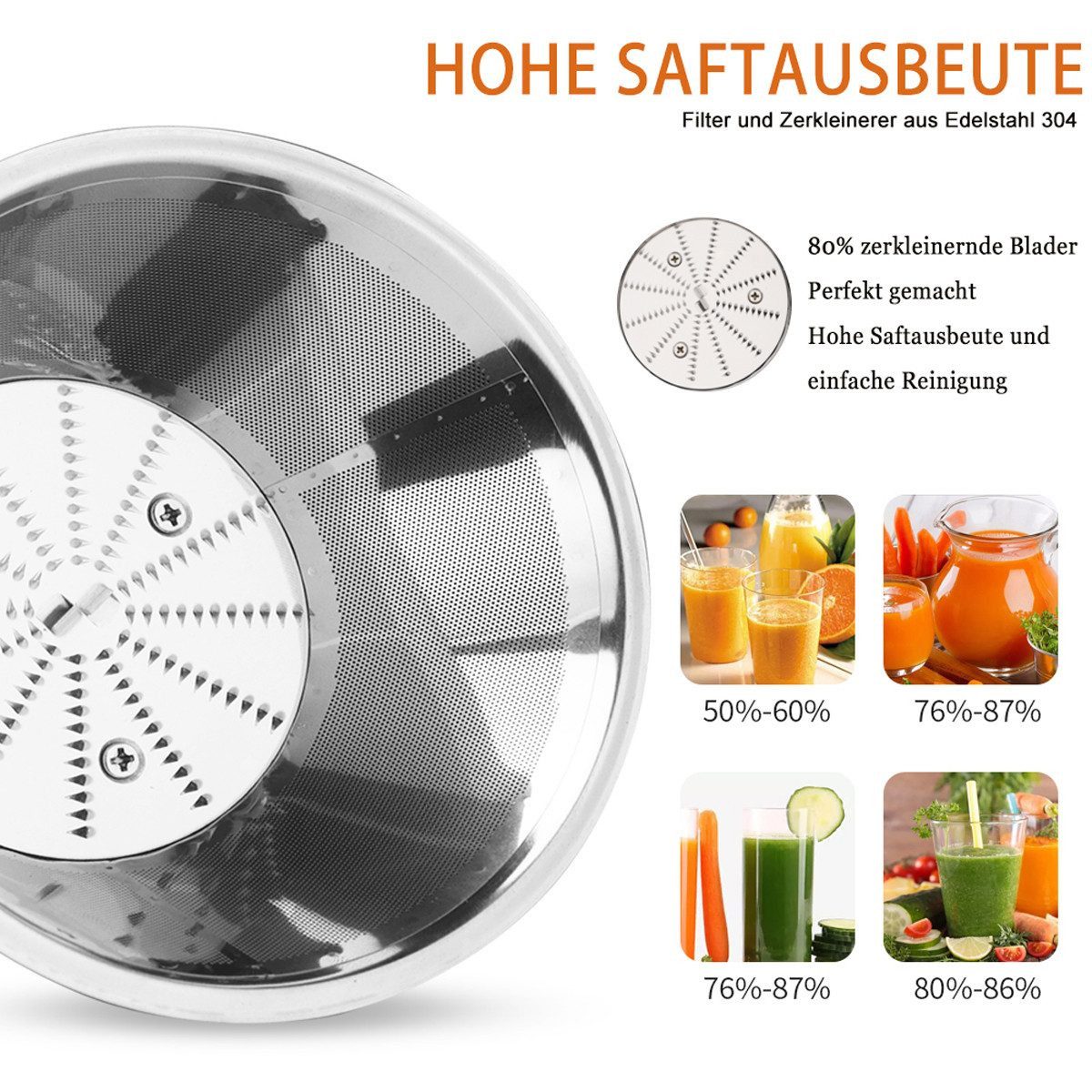 ibettertec Entsafter Entsafter für Obst und Gemüse, Entsafter aus Edelstahl, 600,00 W, elektrische Saftpresse,75mm Füllöffnung und 3 Geschwindigkeiten – Bild 3 von 5