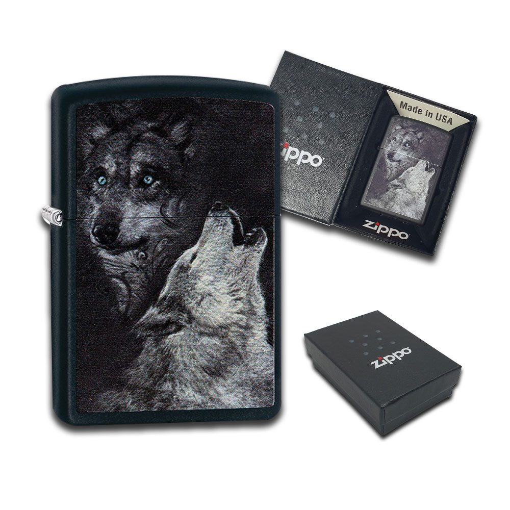 Zippo Feuerzeug Zippo Wolf Motive Feuerzeuge Benzinfeuerzeug Geschenk Box, Geschenk Box, Anmutige Wolf Designs