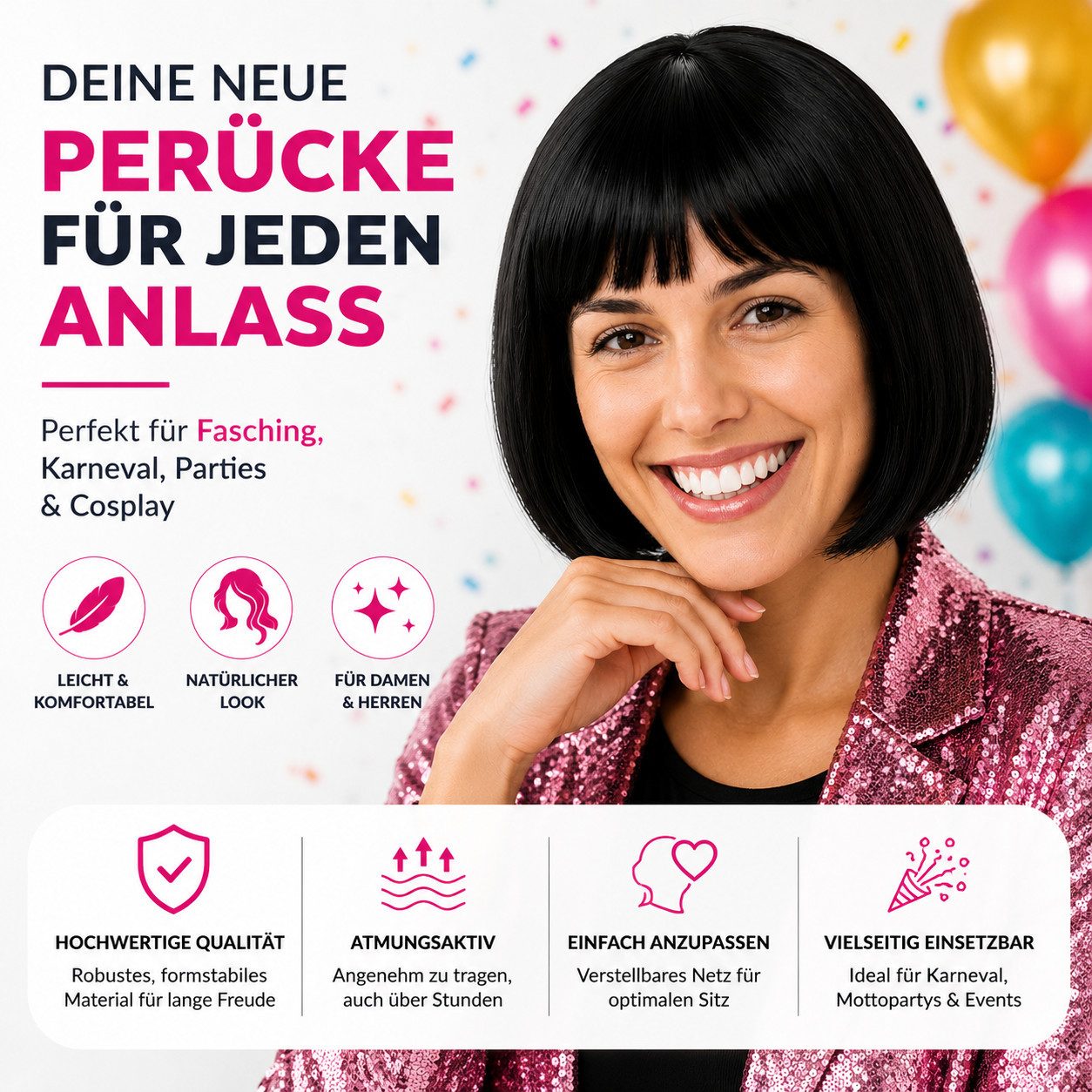 TK Gruppe Kostüm-Perücke Bob Wig Kurzhaarperücke Retro – für Fasching & Karneval
