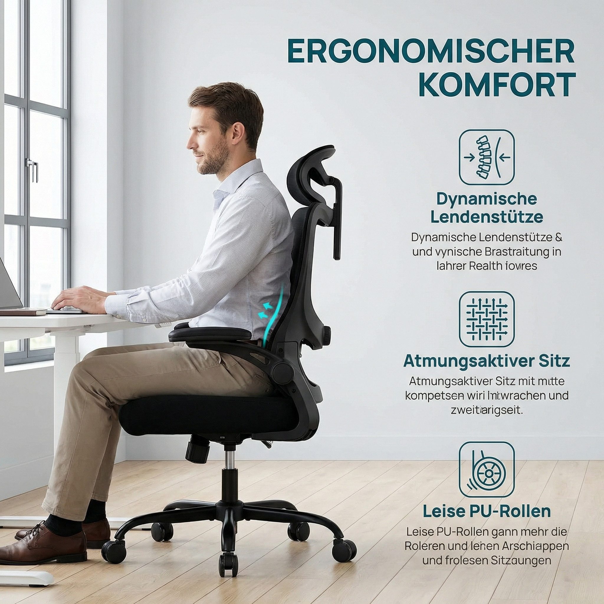 Marsail Bürostuhl ergonomisch mit verstellbarer Kopfstütze, 3D klappbaren Armlehnen (Drehbarer Schreibtischstuhl / Computerstuhl mit Mesh-Bezug), bis 136 kg, ideal für Büro, Homeoffice & Gaming