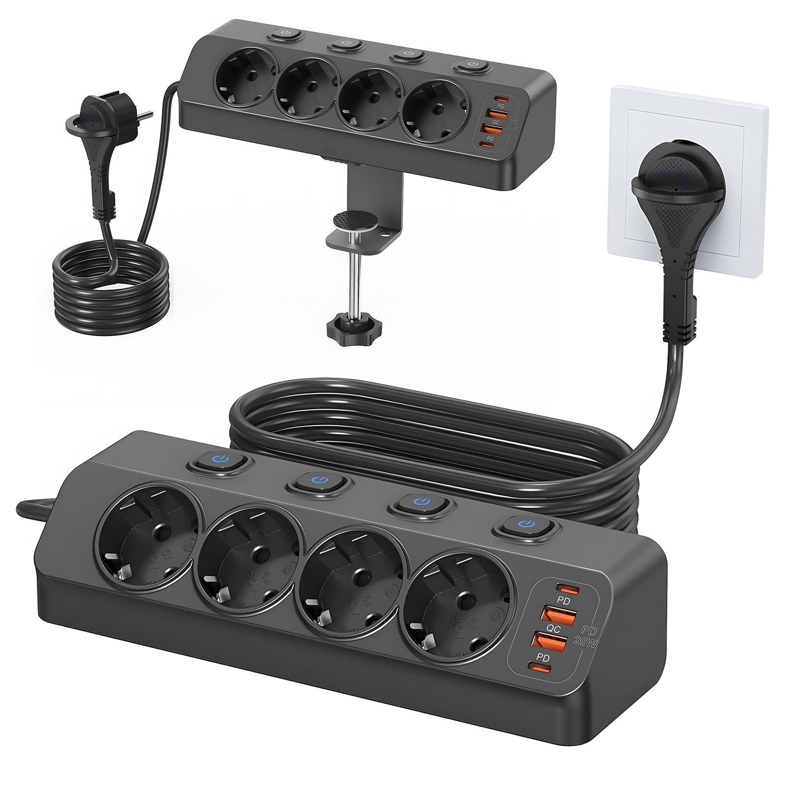 AKKEE Steckdosenleiste Ecksteckdose Mit Einzelschaltern und 2 m Kabel Mehrfachsteckdose (Für Homeoffice und Küche), Steckdosenverlängerung mit USB 4000W 16A