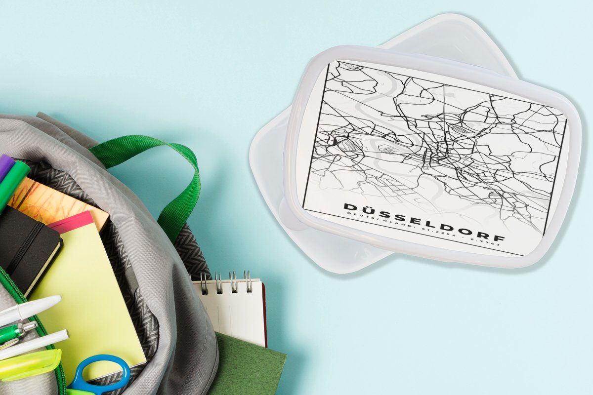 MuchoWow Lunchbox und Kinder für Brotdose, (2-tlg), Stadtplan Karte - Brotbox - Erwachsene, Kunststoff, - Mädchen Wegbeschreibung, Jungs für Düsseldorf und weiß