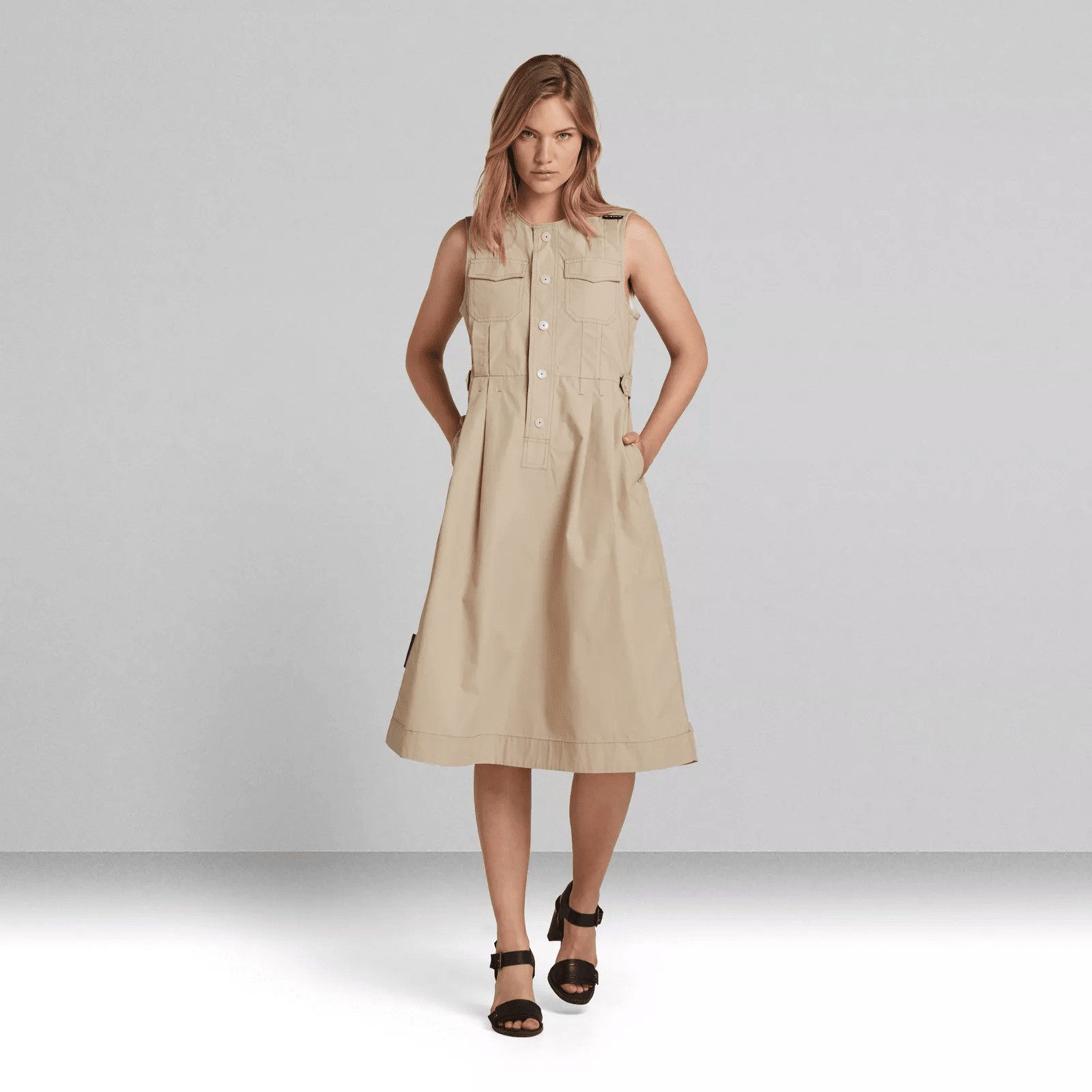 G-STAR Jerseykleid Damen Ärmellos Fit And Flare Dress Westpoint Khaki Größe : L (1-tlg) Eine Brusttasche