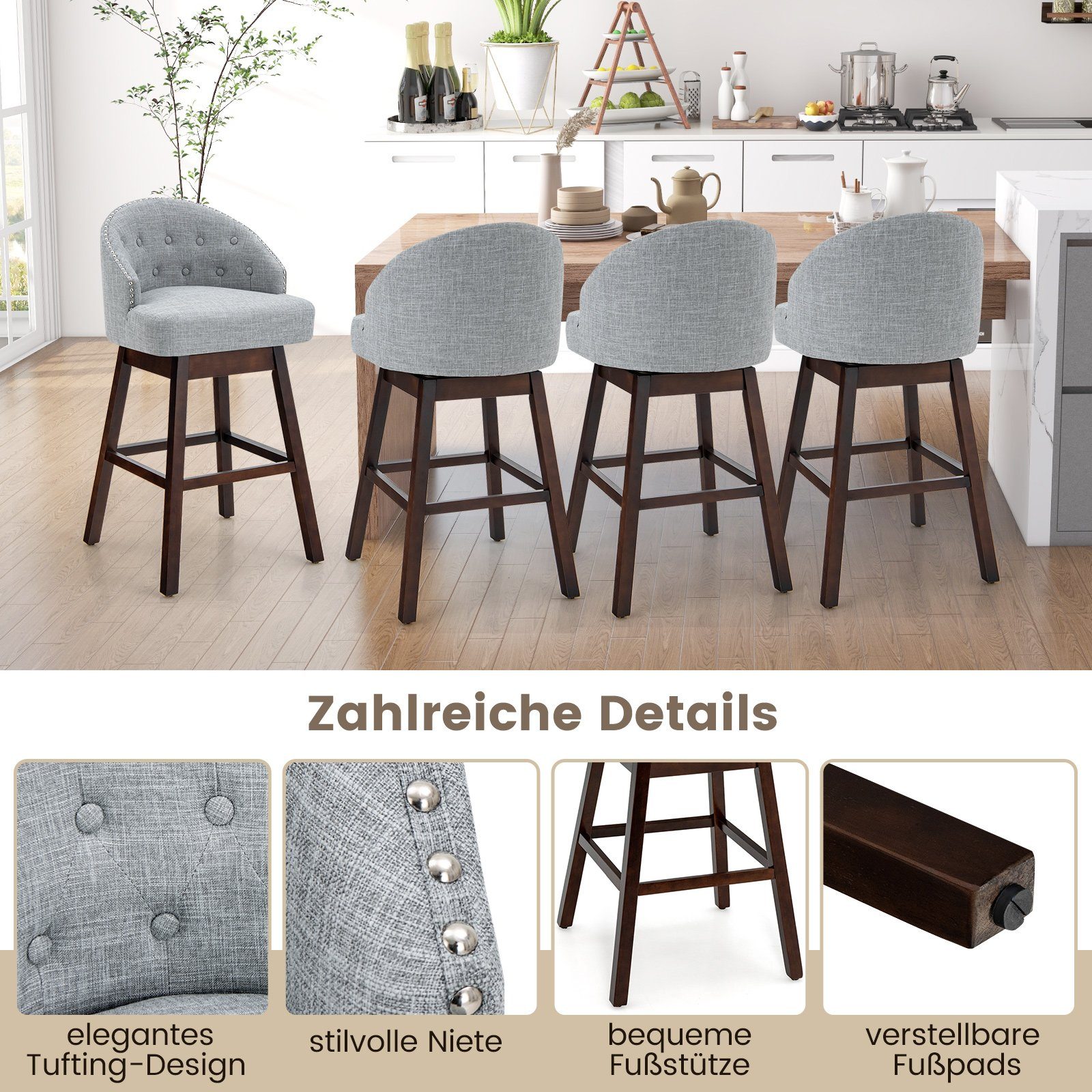 COSTWAY Barhocker, 2er Set, 360° drehbar, mit Lehne & Fußstütze Sitzhöhe 78 günstig online kaufen