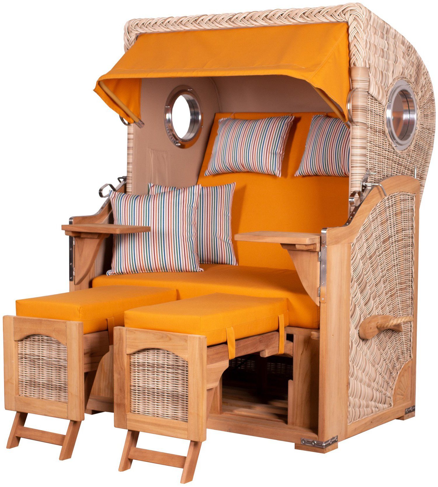 bene living Strandkorb Ammersee 2-Sitzer Teak - PE shell - Modell 586, BxTxH: 125x80x165 cm, Volllieger ca. 175 Grad, Ostsee-Strandkorb, inkl. Liftersystem und Bullaugen