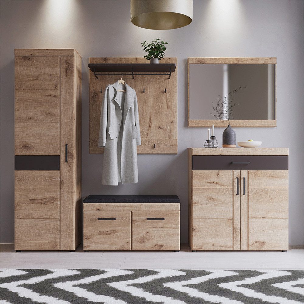 Lomadox Garderoben-Set GRAHAM-129, (Spar-Set, 5-St., Garderobenbank Flurschrank Kommode Spiegel Garderobenpaneel), Eiche Dekor mit Grau Softclose Kleiderstangen Hutablage