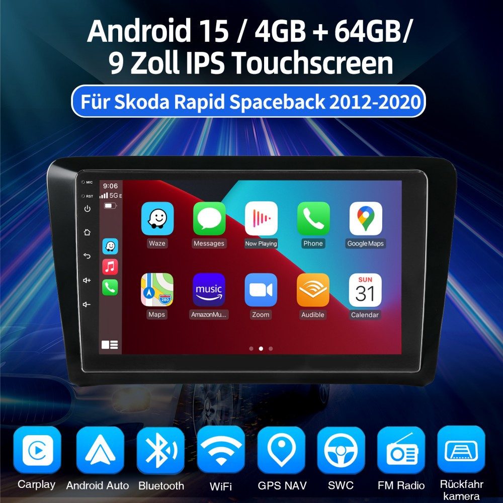 ESSGOO Für Skoda Rapid Spaceback Android 15 Carplay GPS Navi WIFI Autoradio (RDS, Digitalradio (DAB), FM, AM, Carplay Android Auto SWC WIFI BT)