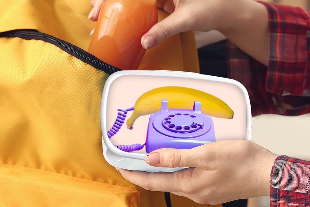MuchoWow Lunchbox Kinder Telefon Banane - Lila und Jungs für - Erwachsene, und - Kunststoff, Gelb, Brotdose, für Brotbox (2-tlg), Mädchen weiß