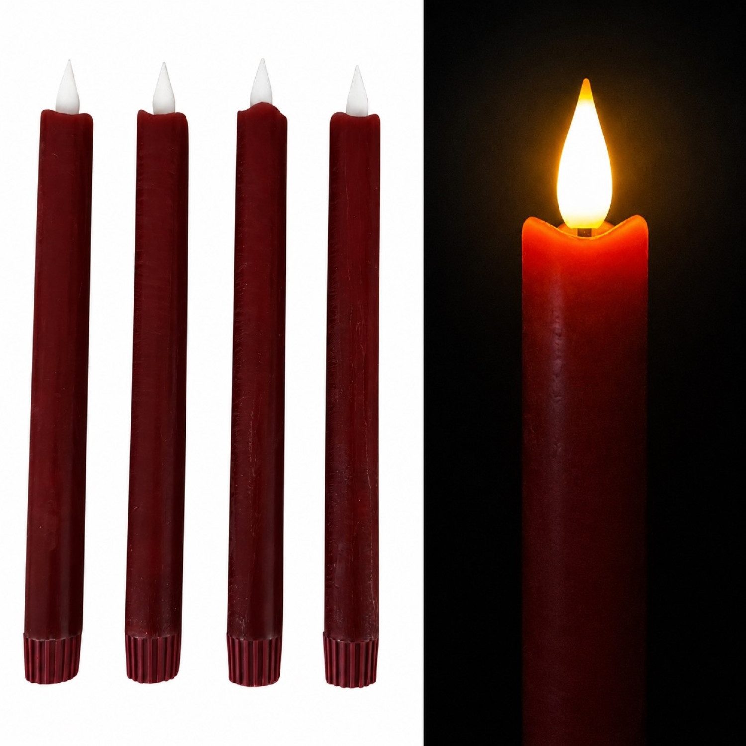 Online-Fuchs LED-Kerze 4 LED Stabkerzen aus Echtwachs mit 6-Stunden Timer - 478042 (Weiß, Creme, Rot, Grün, Lila & Altrosa, Long Shine Funktion), realistische Kerzenflamme mit Docht und einem Wellenrand