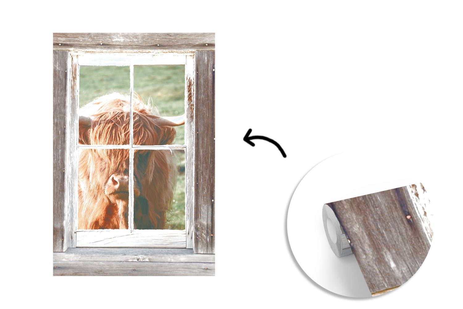 Wandtapete für Ansicht, Fenster Highlander Wohnzimmer, - Fototapete St), Schottischer Holz Vinyl MuchoWow Matt, - Montagefertig Tapete (3 - bedruckt,